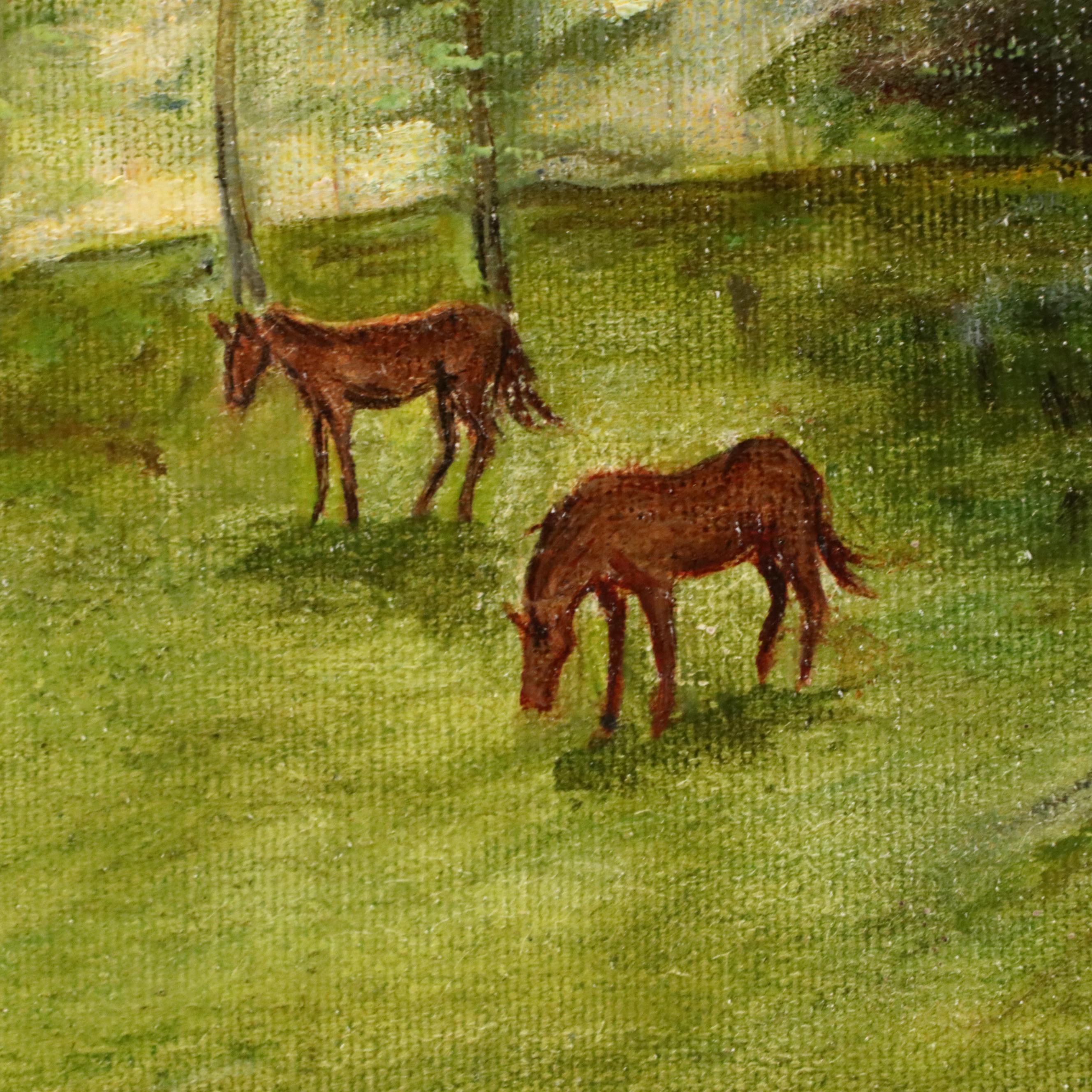 Sylvia Shelling Acrylic Landscape Painting with Horses, 1969