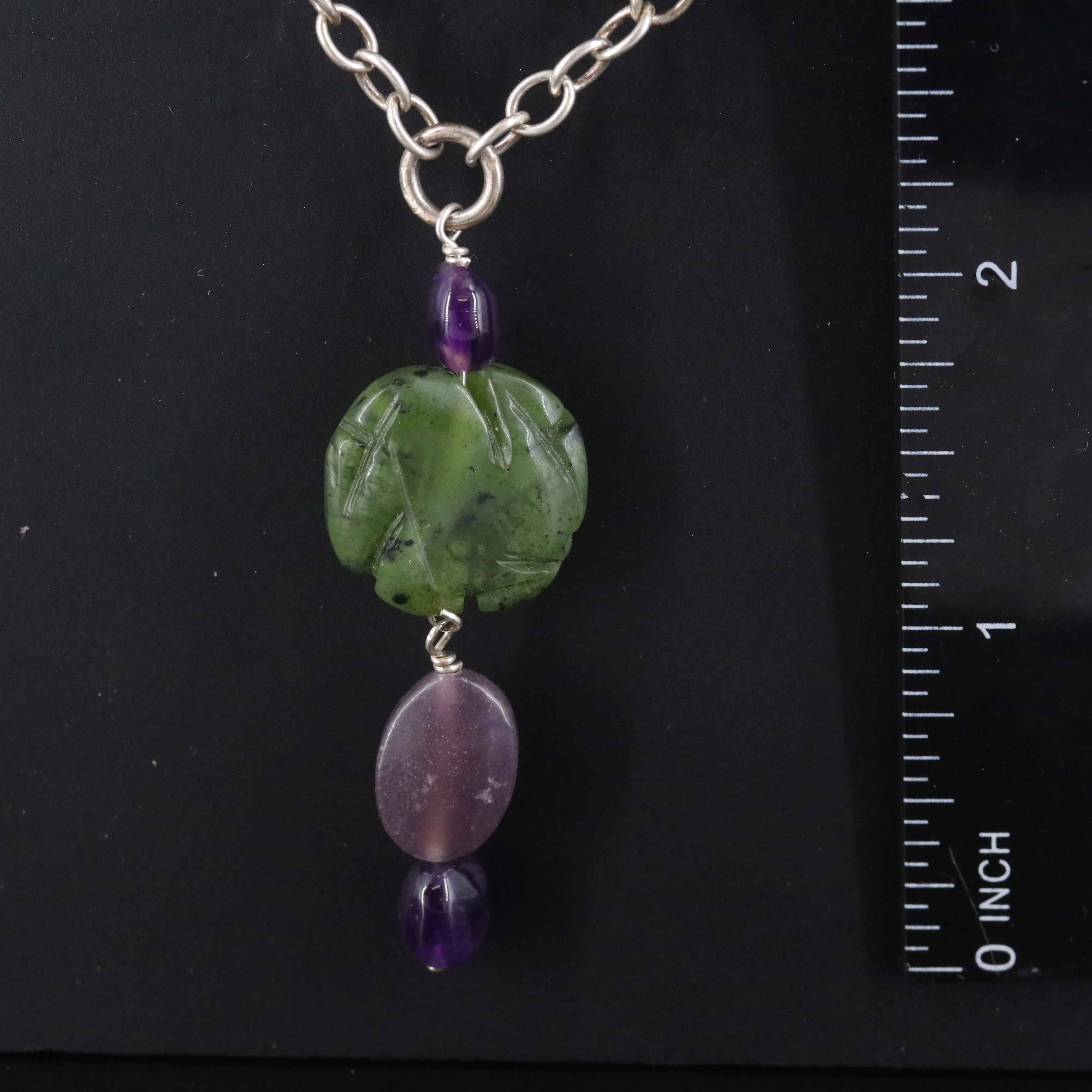 Sterling Carved Amethyst and Nephrite Rose Station Necklace