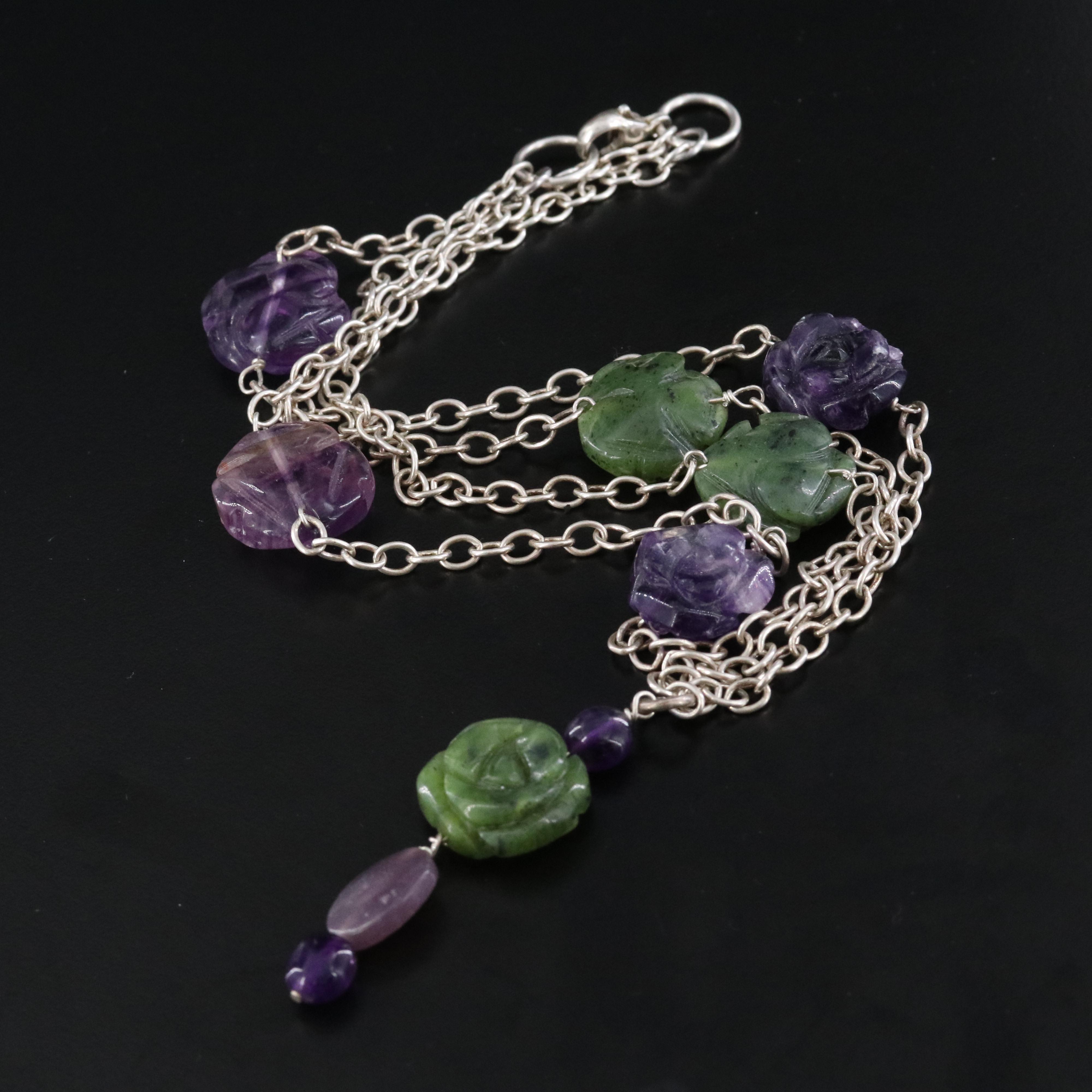 Sterling Carved Amethyst and Nephrite Rose Station Necklace