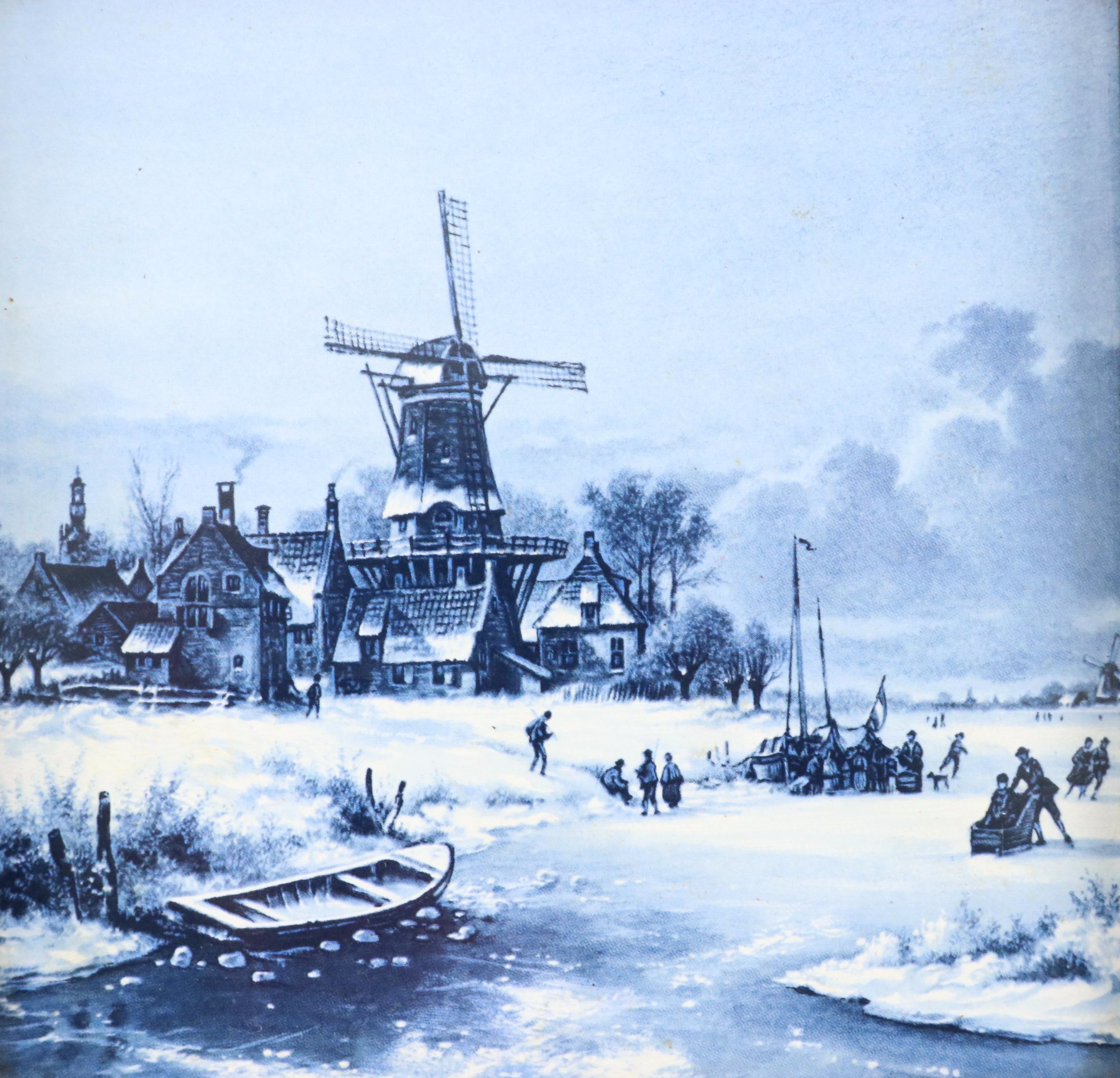 Framed Royal Mosa Delft Blue Ceramic Tiles, 1984