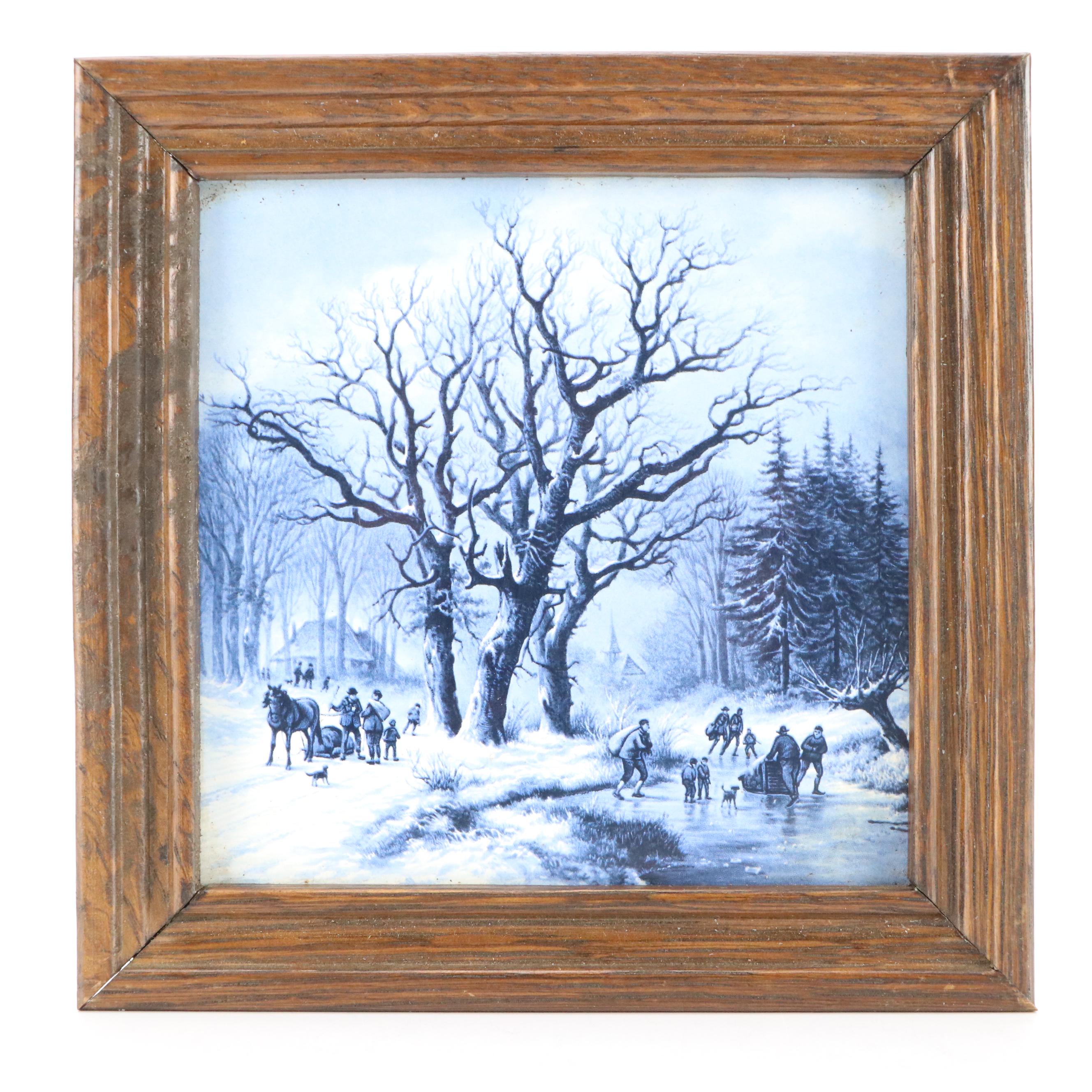 Framed Royal Mosa Delft Blue Ceramic Tiles, 1984