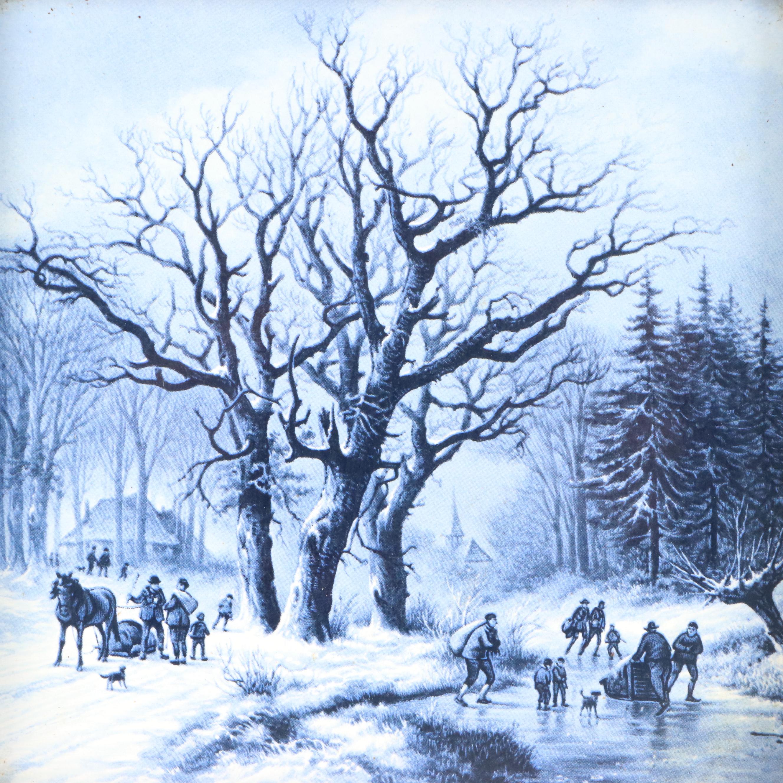 Framed Royal Mosa Delft Blue Ceramic Tiles, 1984