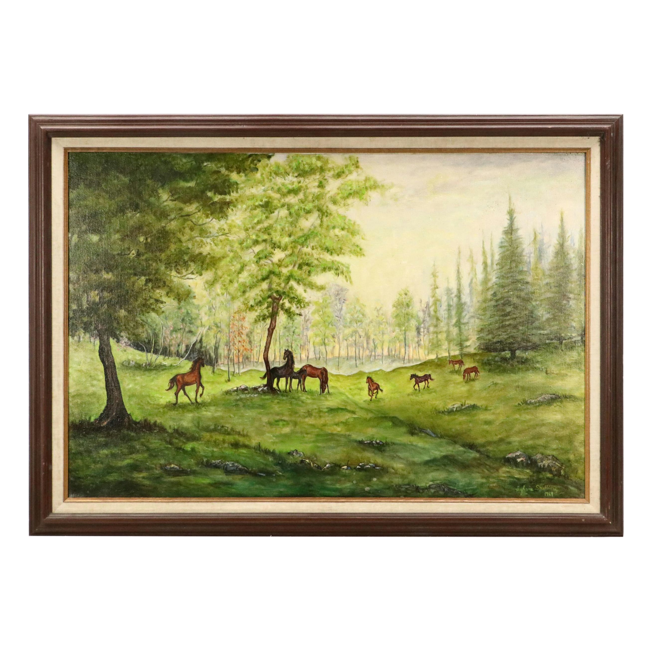 Sylvia Shelling Acrylic Landscape Painting with Horses, 1969