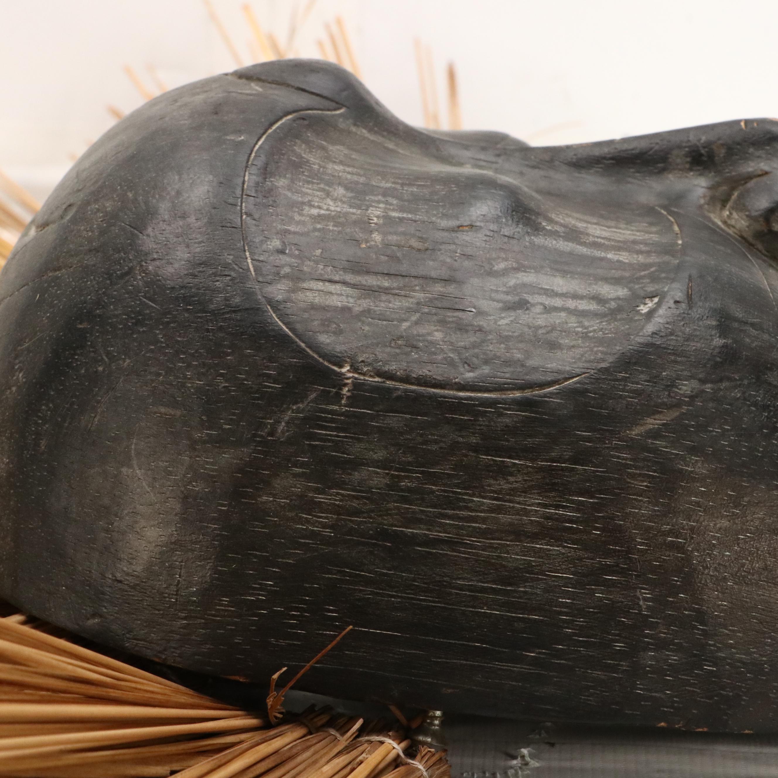 Decorative Wood Wall Mask with Straw Headdress