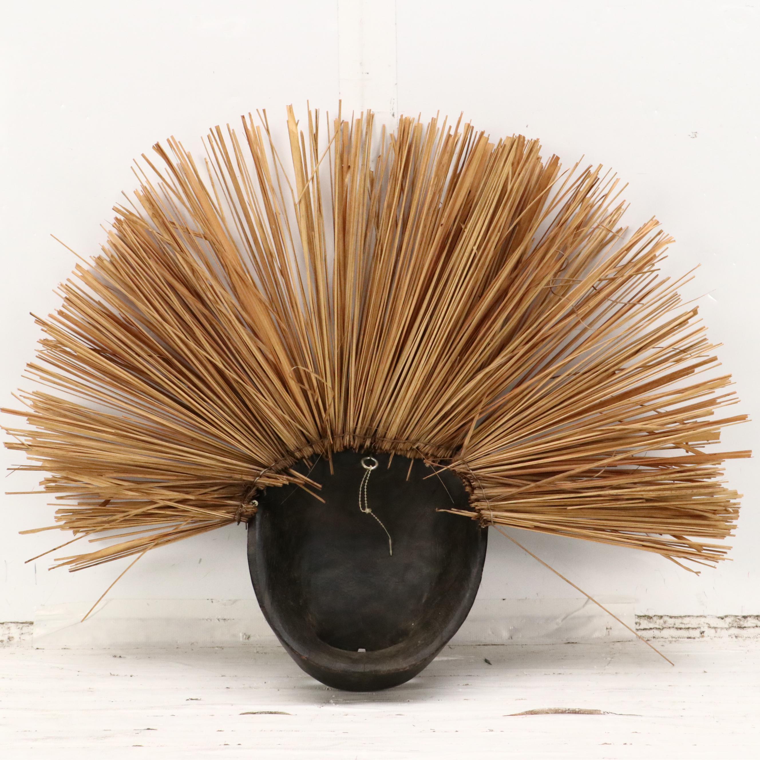Decorative Wood Wall Mask with Straw Headdress