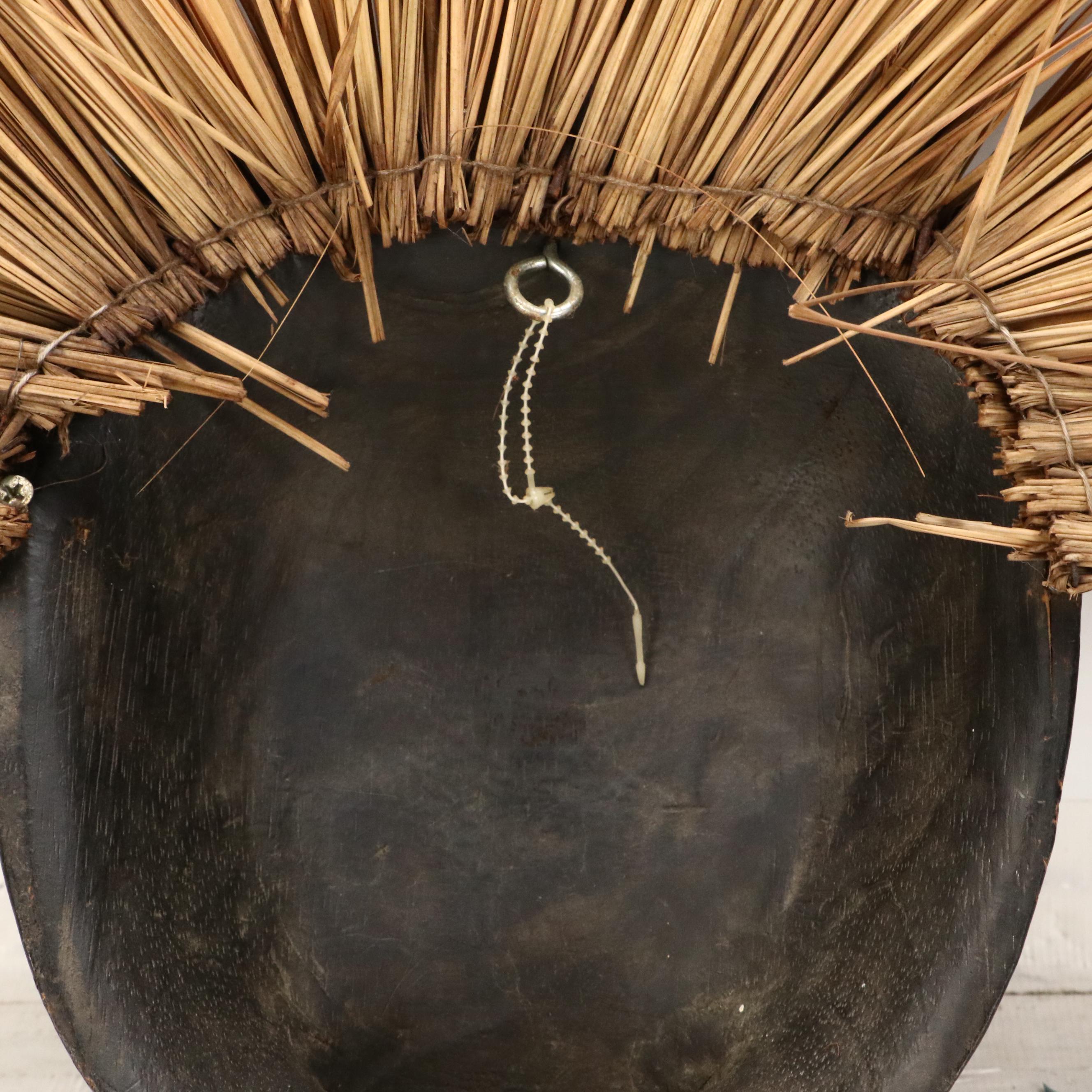 Decorative Wood Wall Mask with Straw Headdress