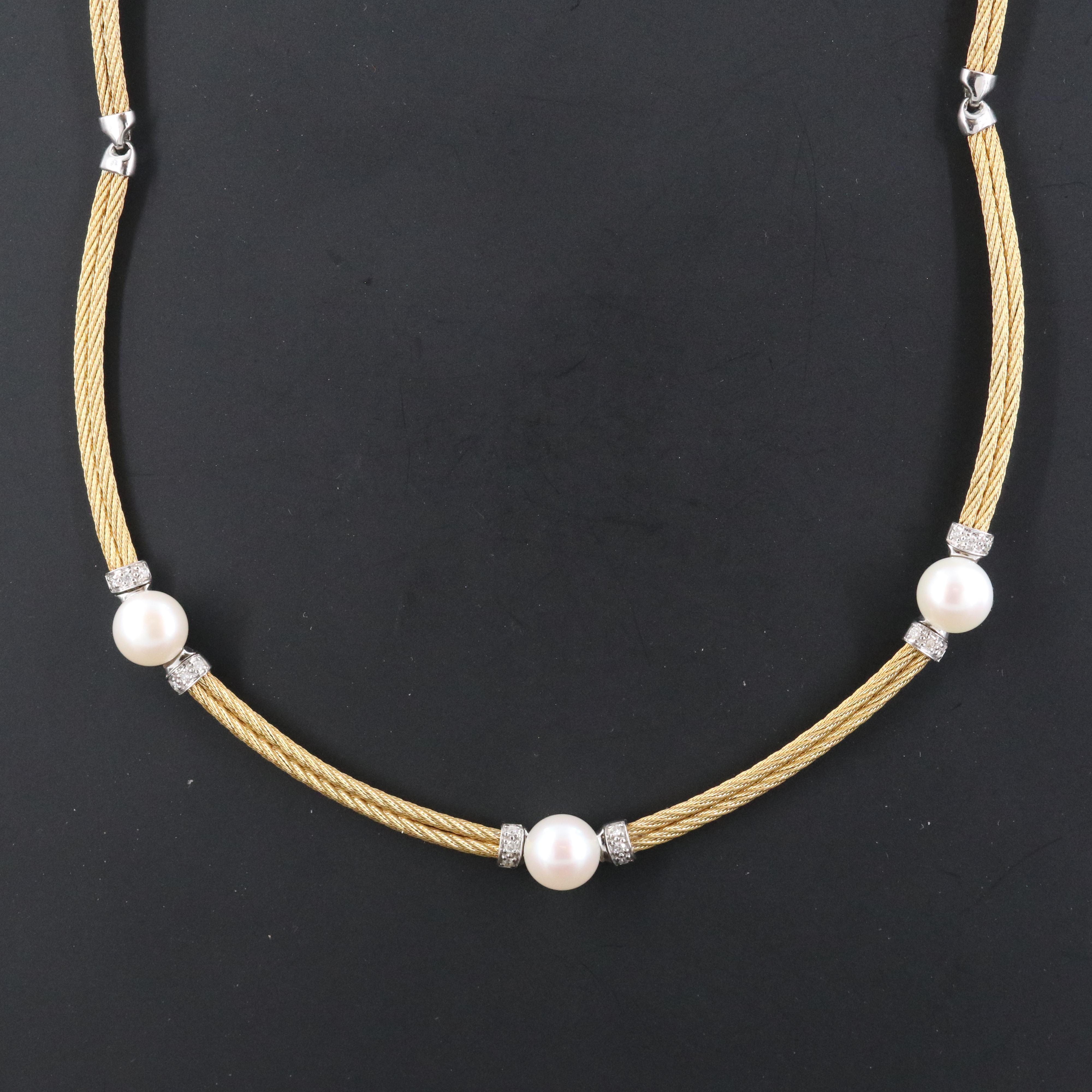 ALOR Cable Necklace with Pearl and Diamond in 18K Settings