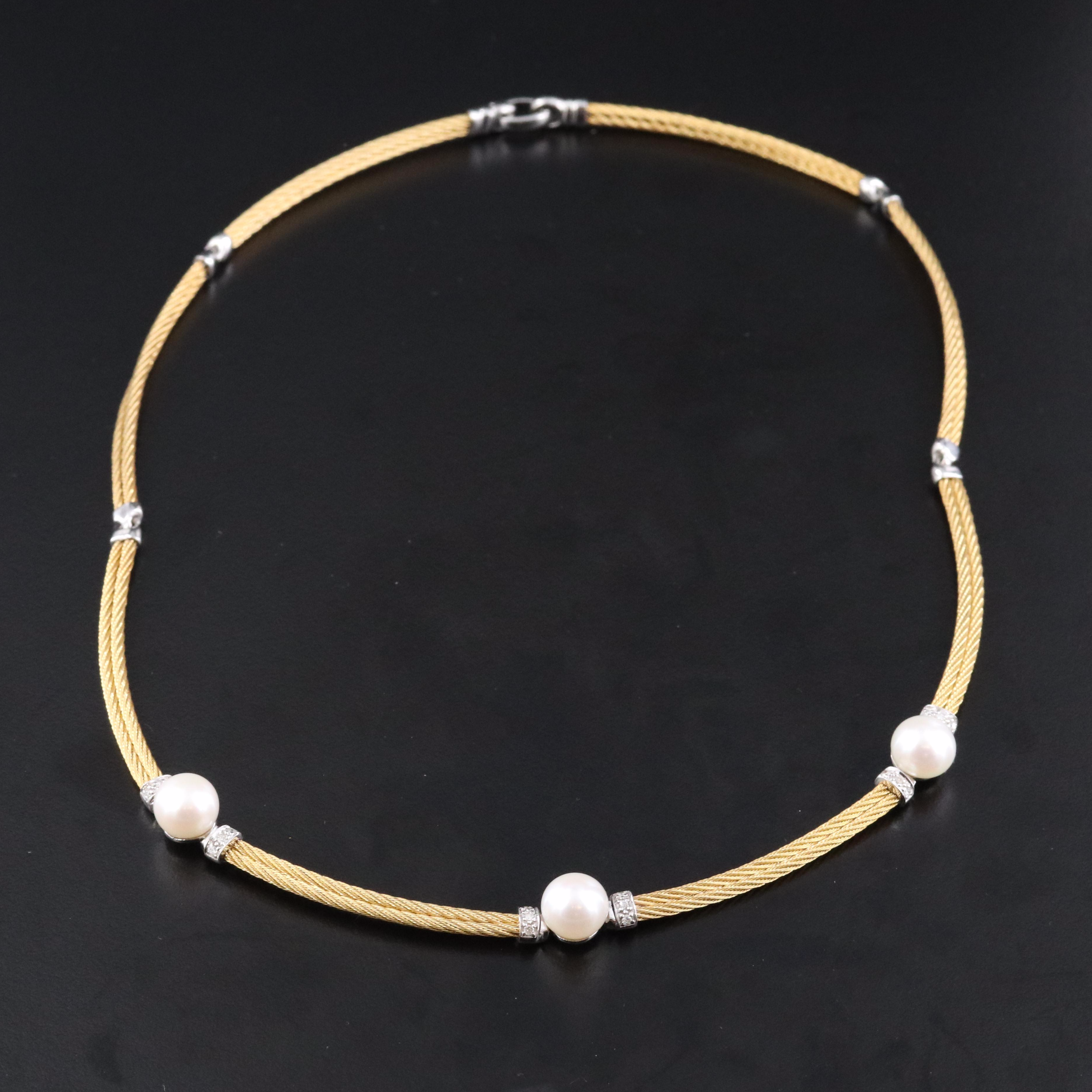ALOR Cable Necklace with Pearl and Diamond in 18K Settings