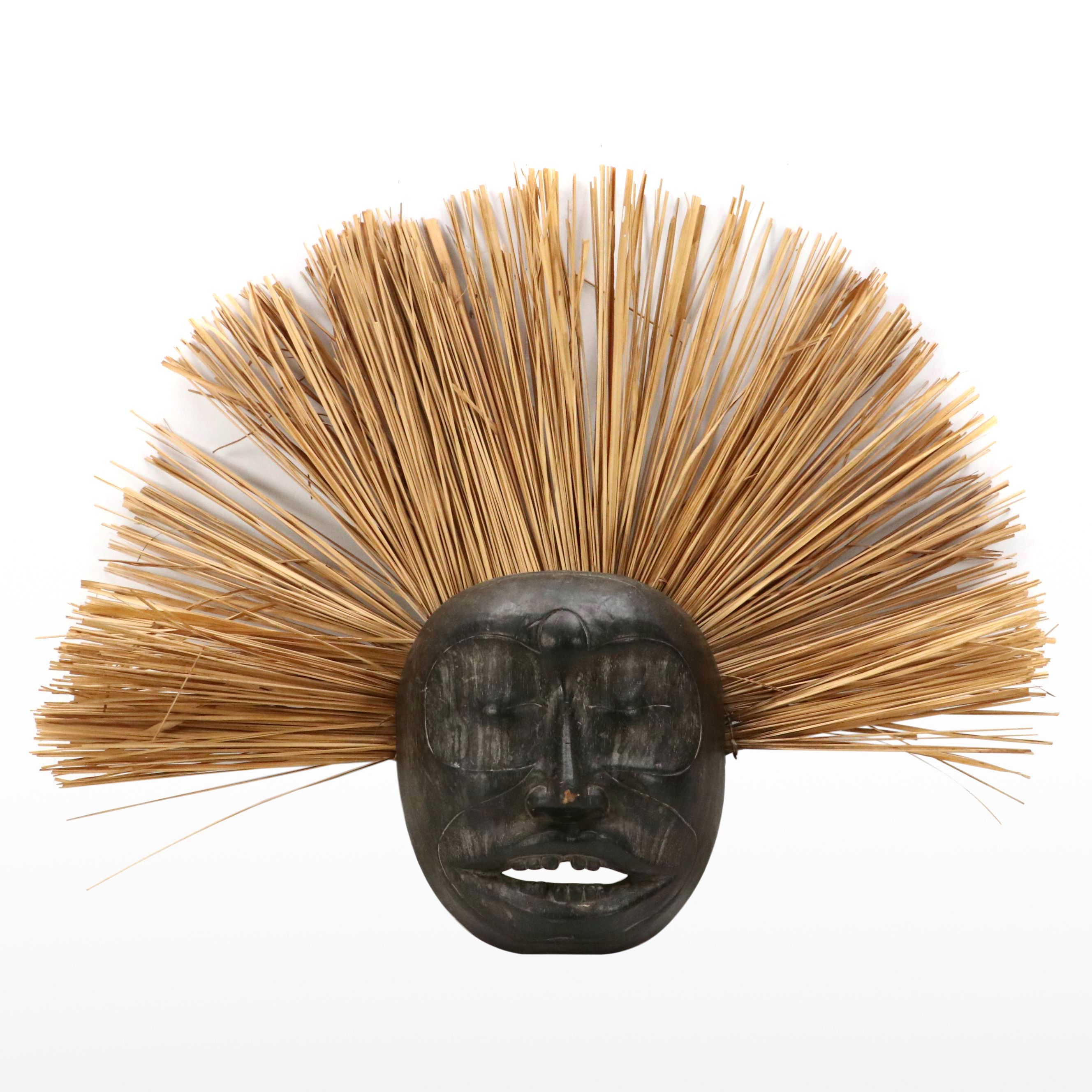 Decorative Wood Wall Mask with Straw Headdress