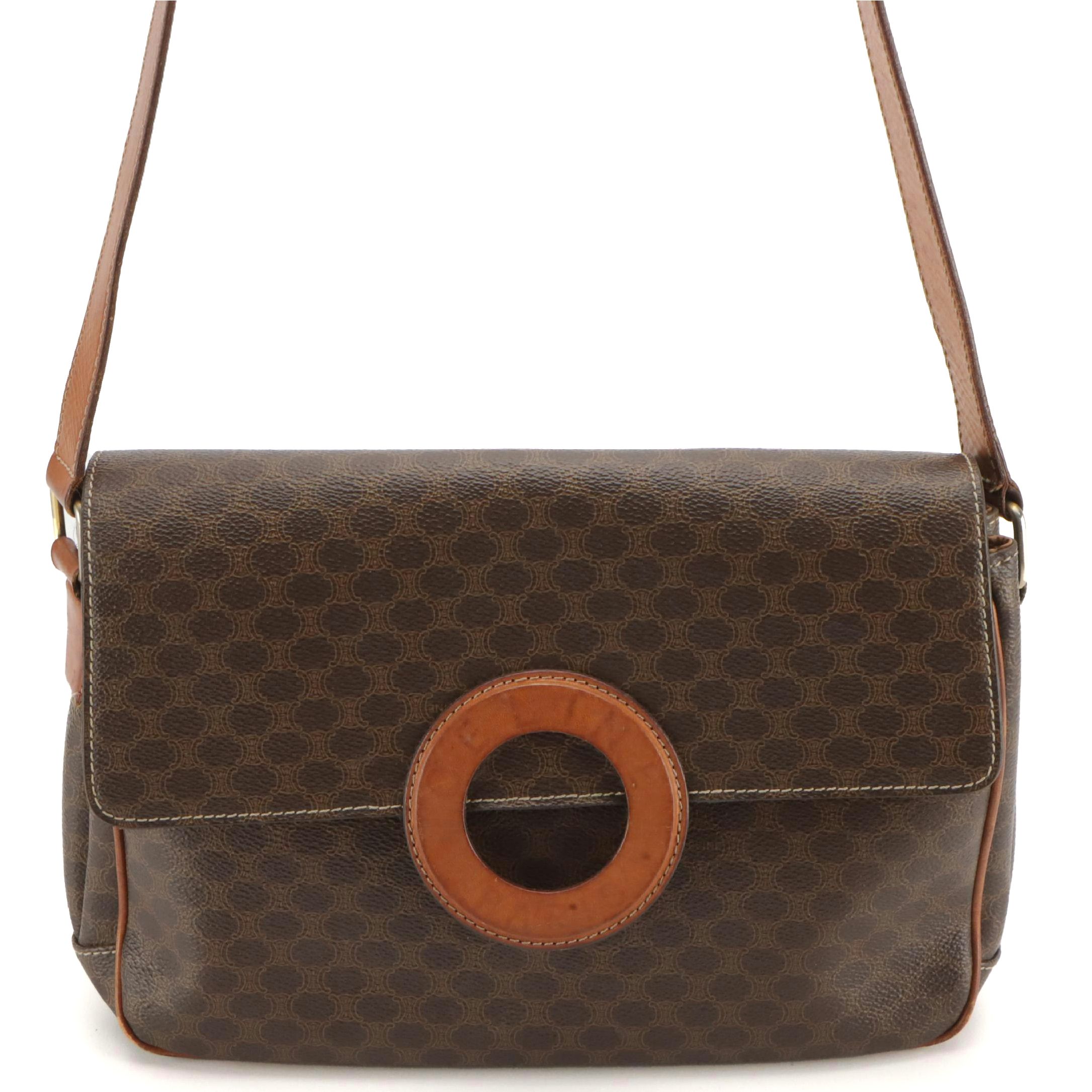 Celine Dark Brown Macadam Canvas and Leather Trimmed Crossbody Bag