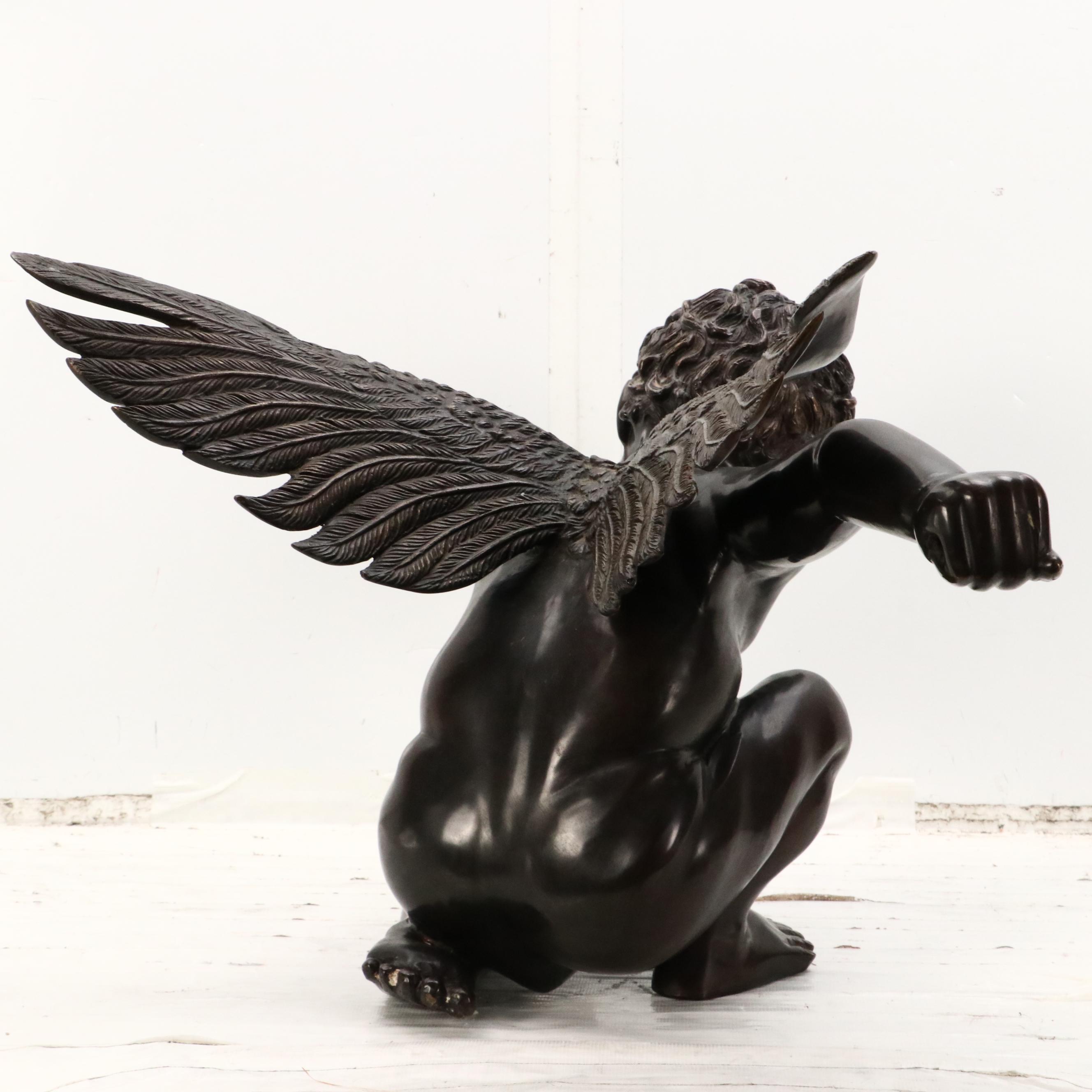 Cast Bronze Sculpture of Crouching Cupid, 20th Century