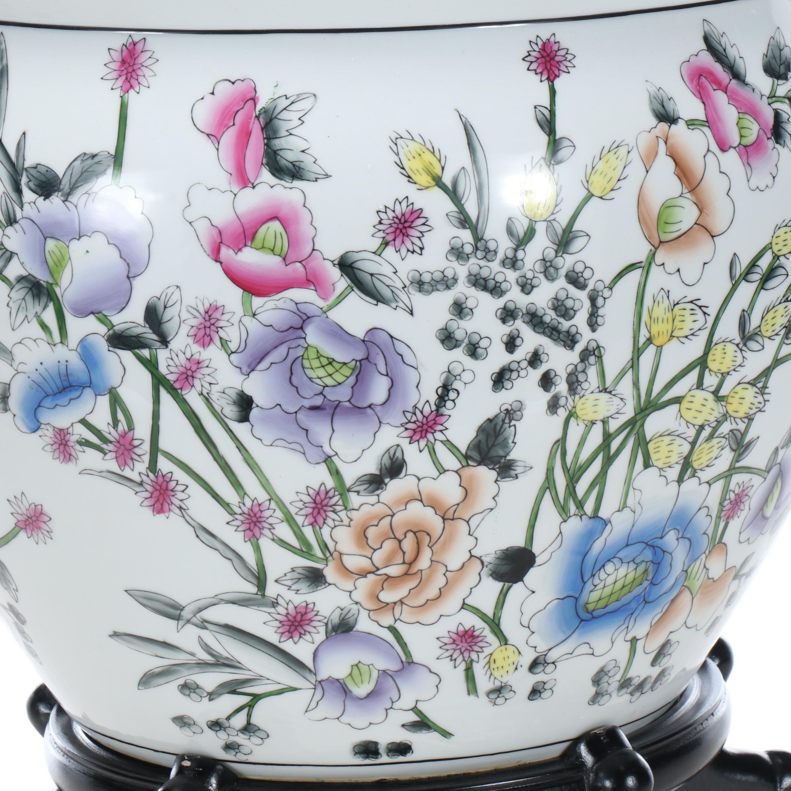 Chinese Famille Rose Porcelain Fishbowl Planter on Wood Base