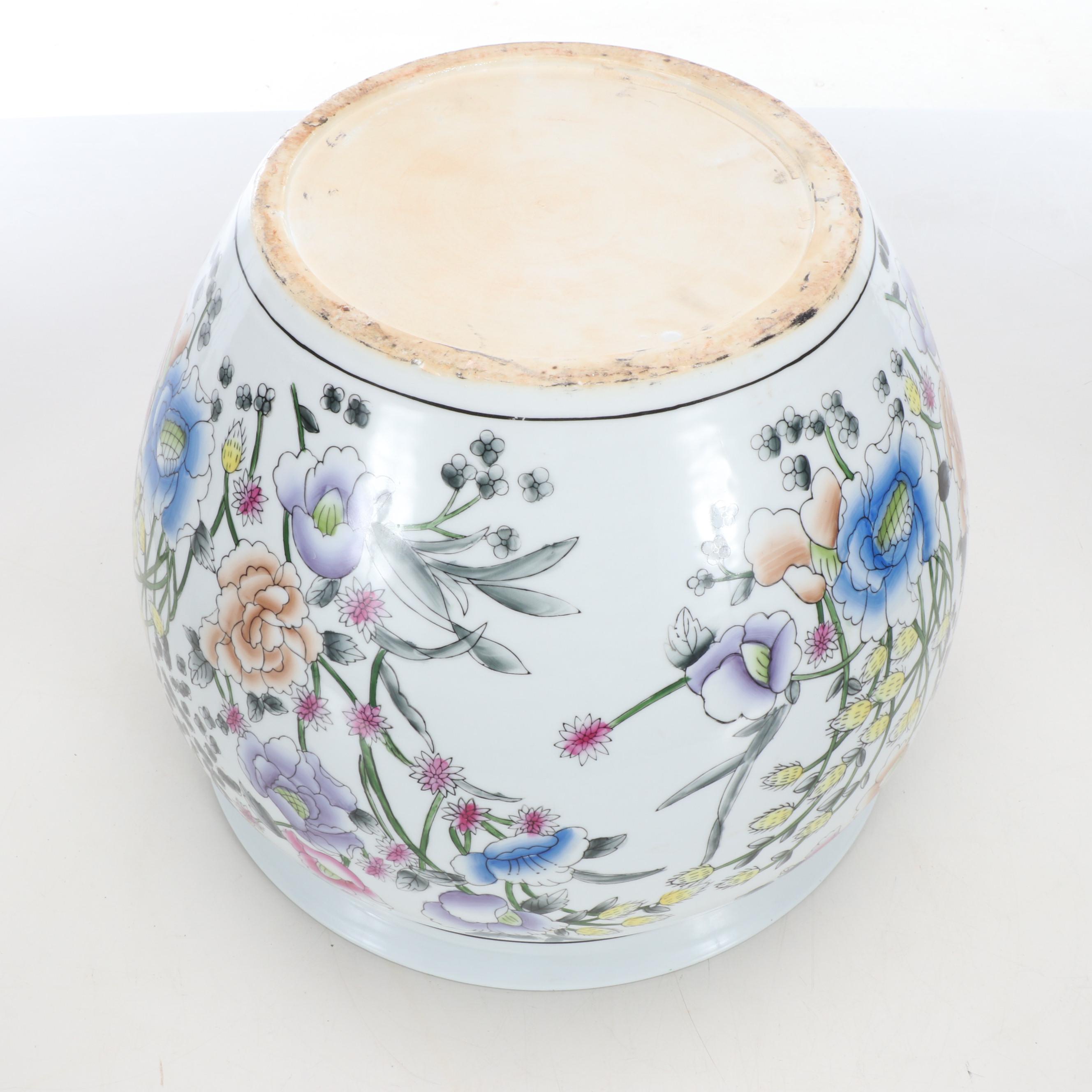 Chinese Famille Rose Porcelain Fishbowl Planter on Wood Base