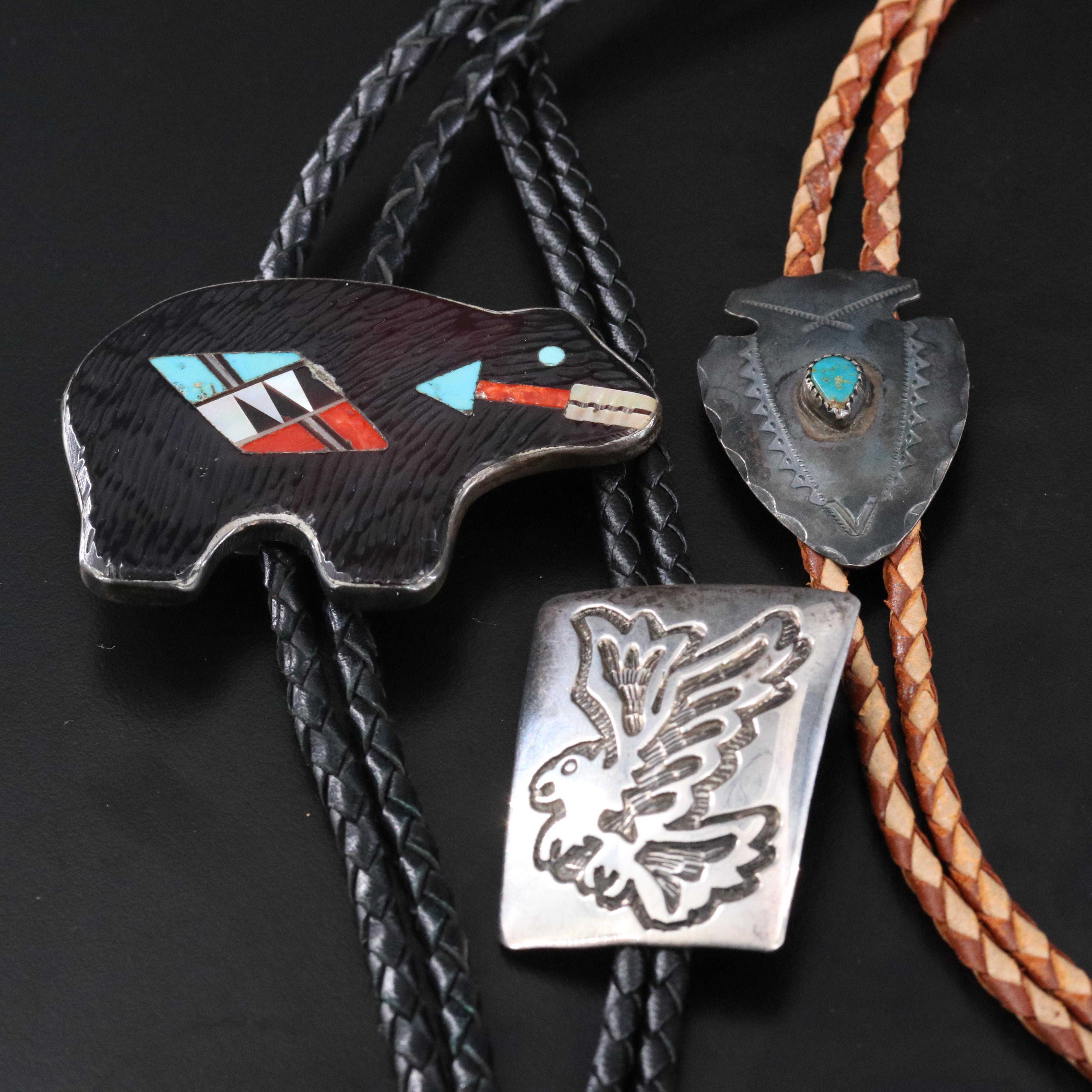 Southwestern Sterling Bolo Ties with Coral, Mother-of-Pearl and Turquoise Inlay