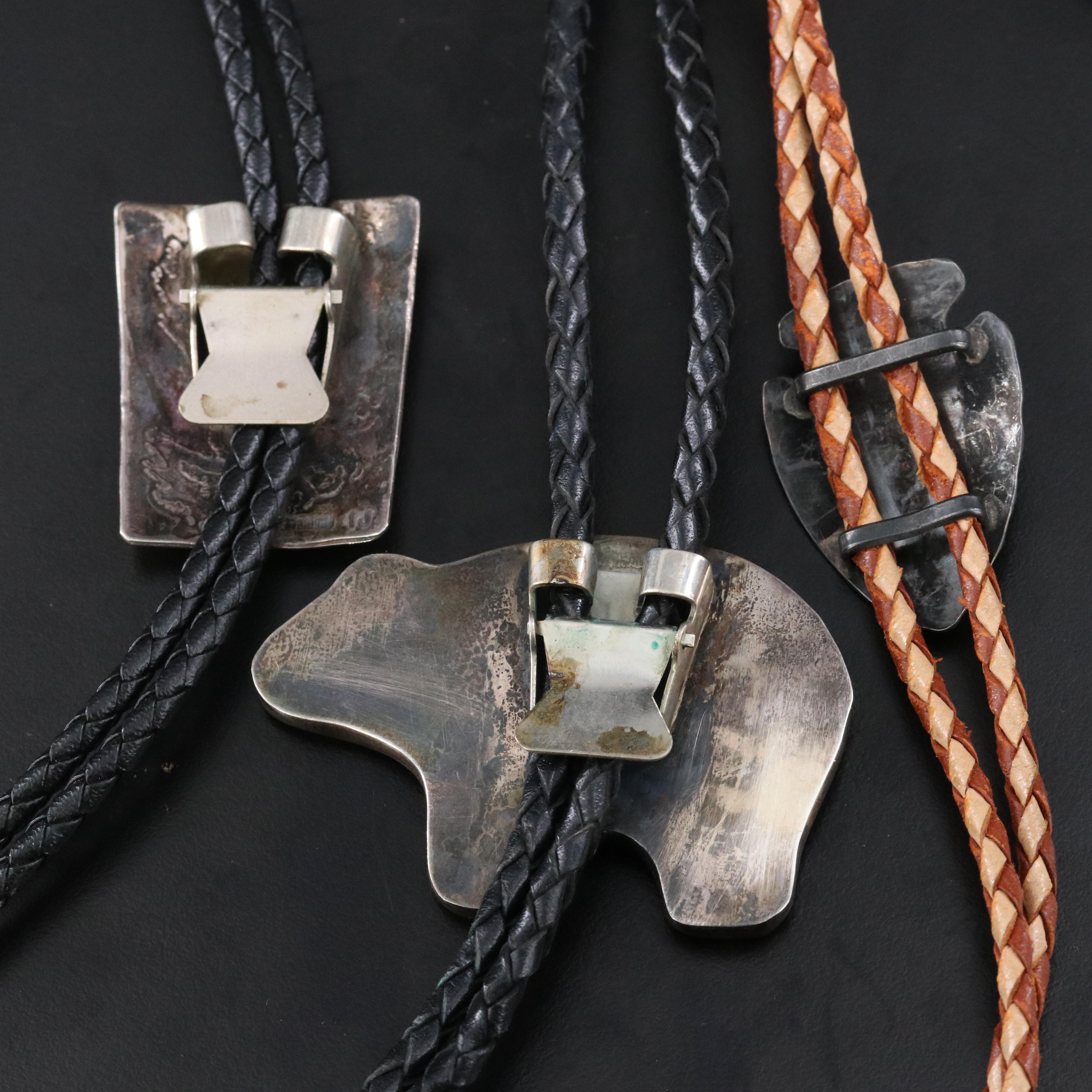 Southwestern Sterling Bolo Ties with Coral, Mother-of-Pearl and Turquoise Inlay