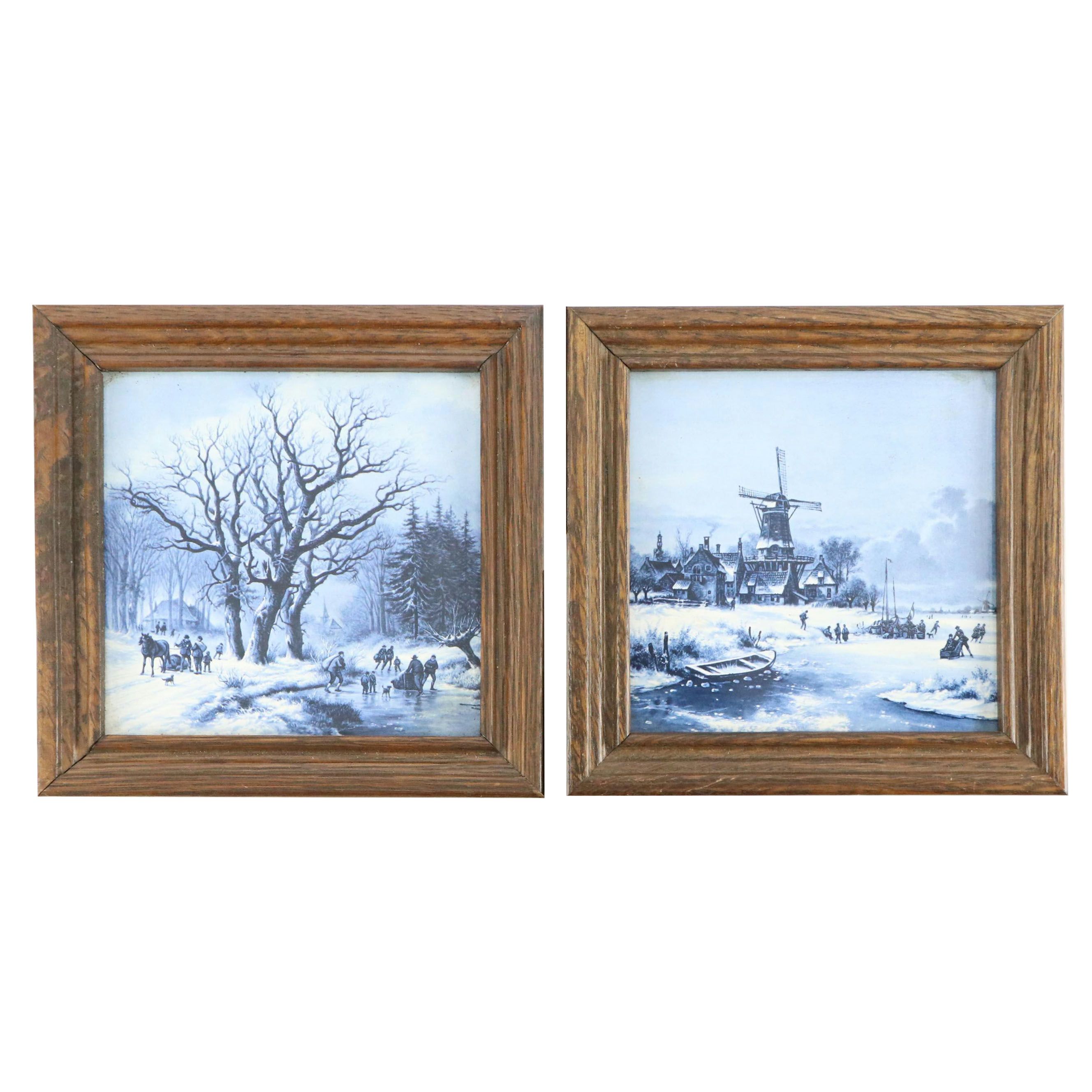 Framed Royal Mosa Delft Blue Ceramic Tiles, 1984