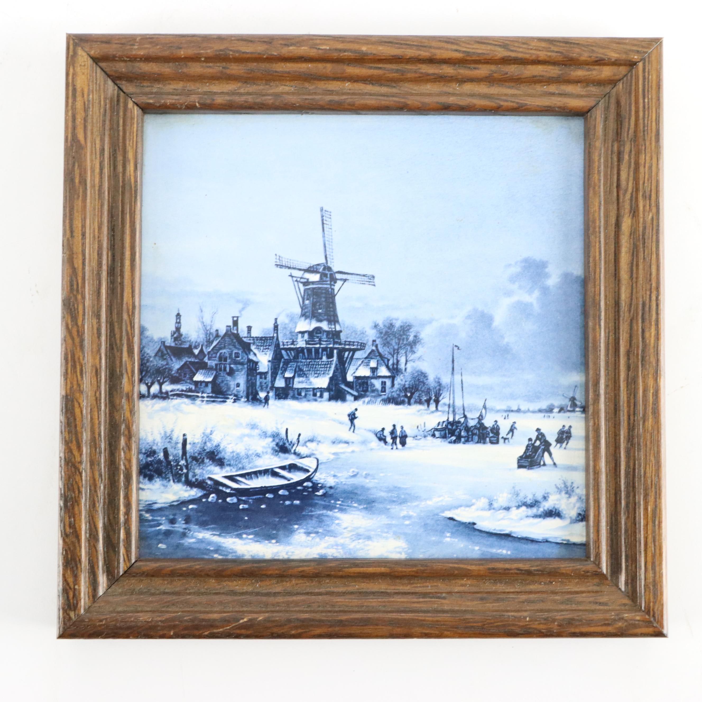 Framed Royal Mosa Delft Blue Ceramic Tiles, 1984