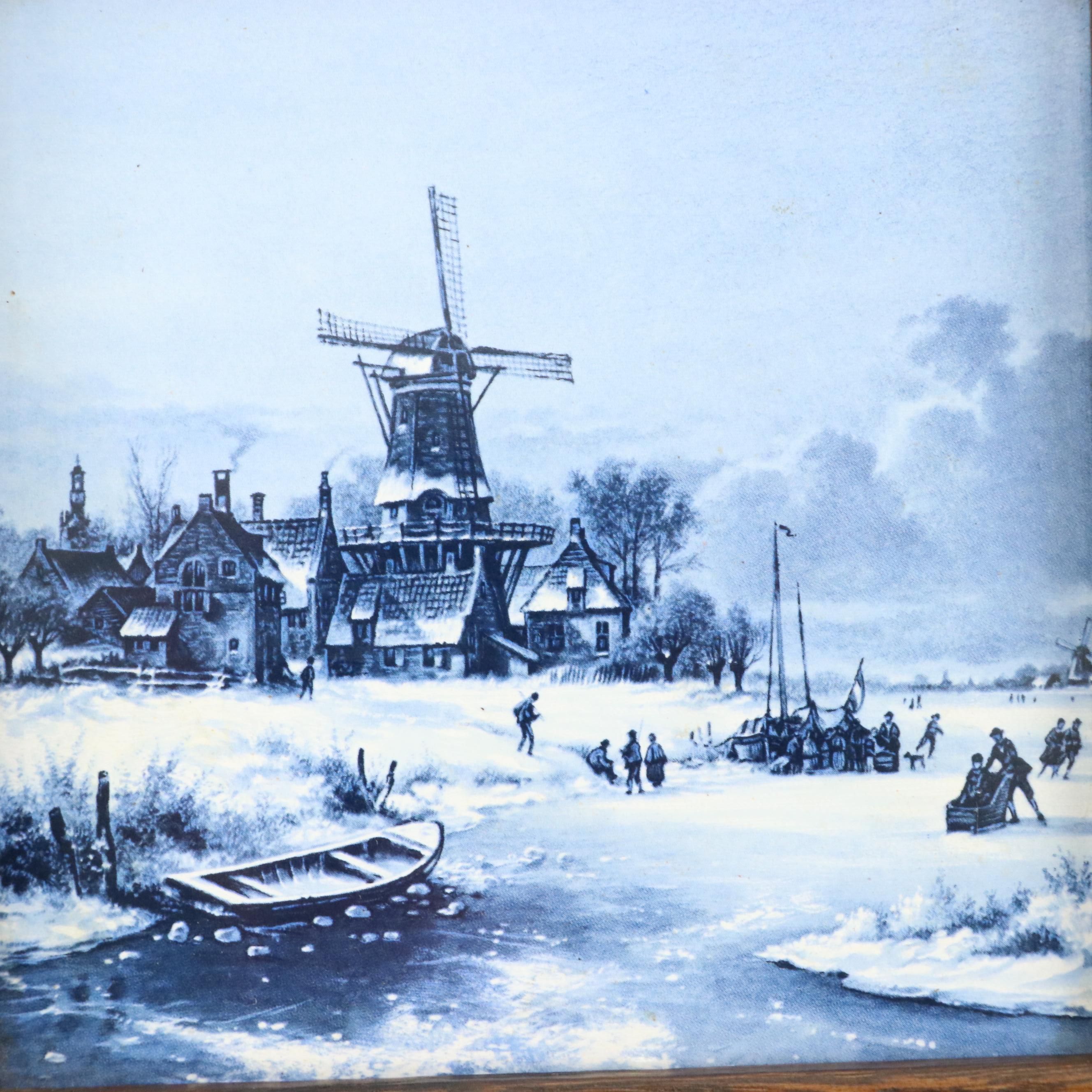 Framed Royal Mosa Delft Blue Ceramic Tiles, 1984