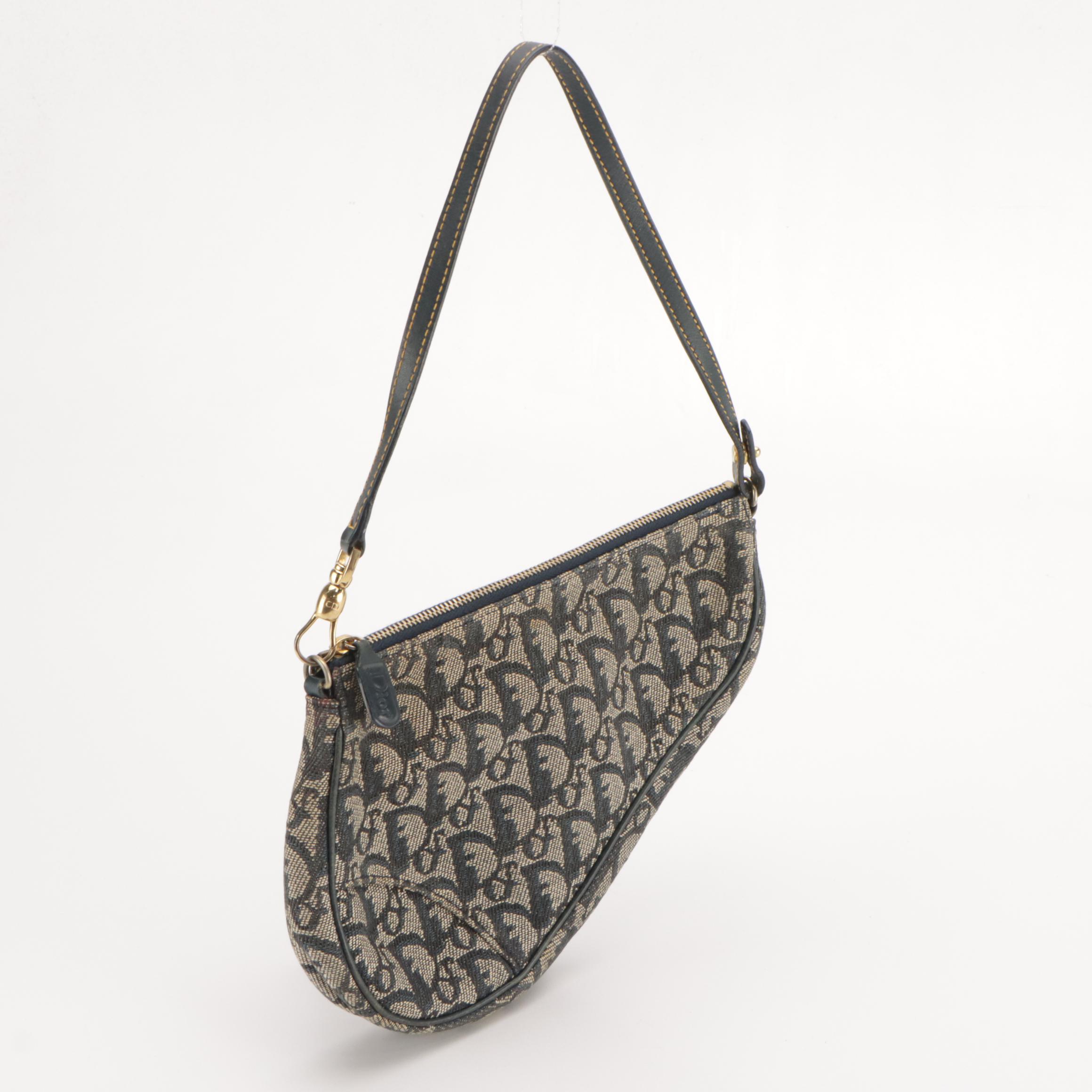 Christian Dior Mini Saddle Pochette in Navy Blue Trotter Canvas and Leather