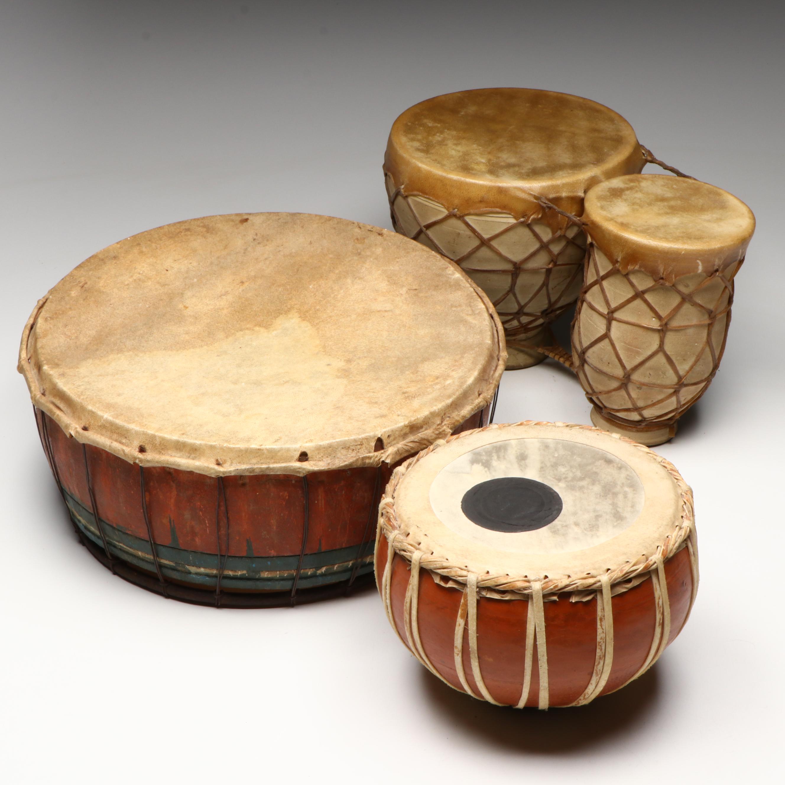 Moroccan Ceramic Tbilat Bongos with Southeast Asian Rebana and Tabla Hide Drums
