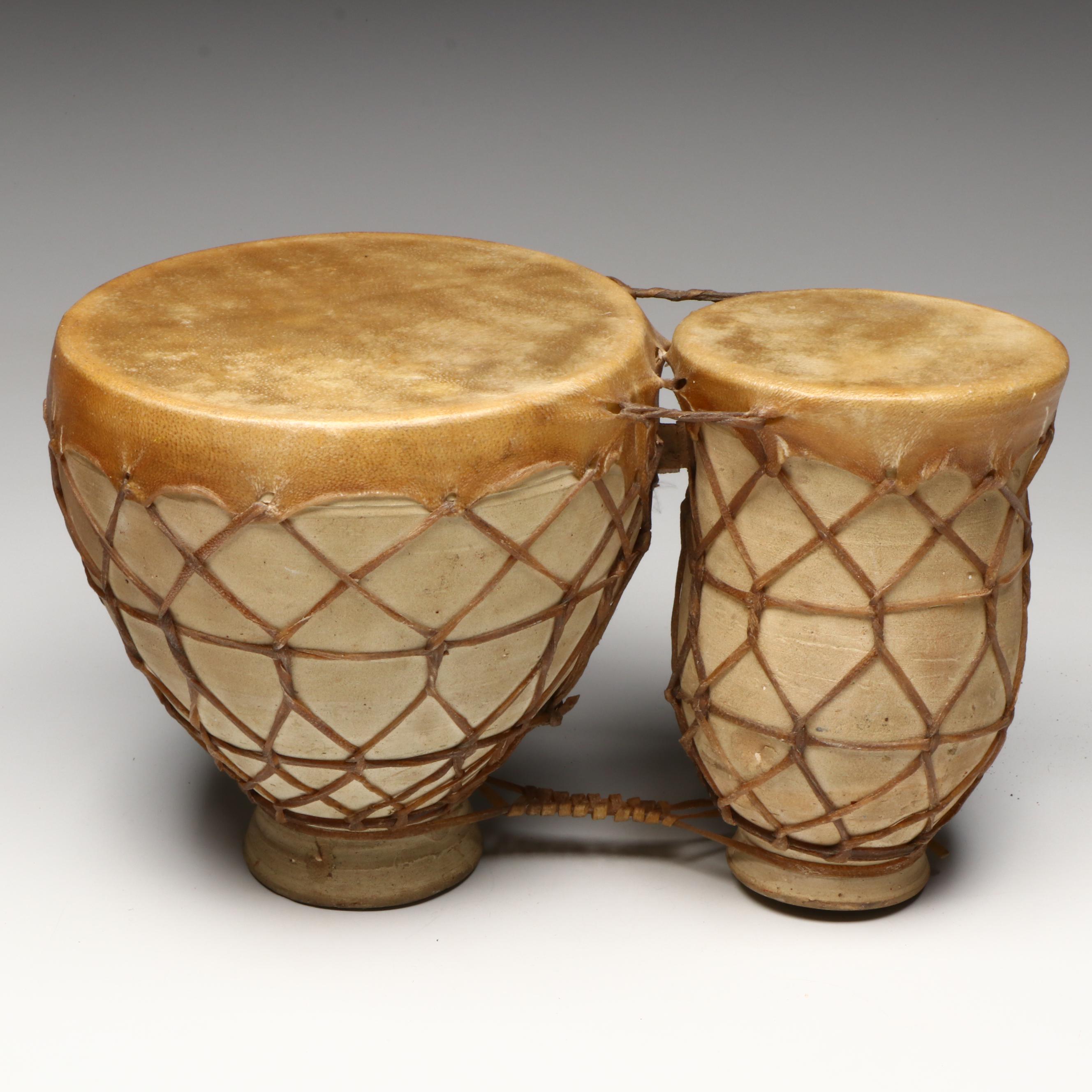Moroccan Ceramic Tbilat Bongos with Southeast Asian Rebana and Tabla Hide Drums