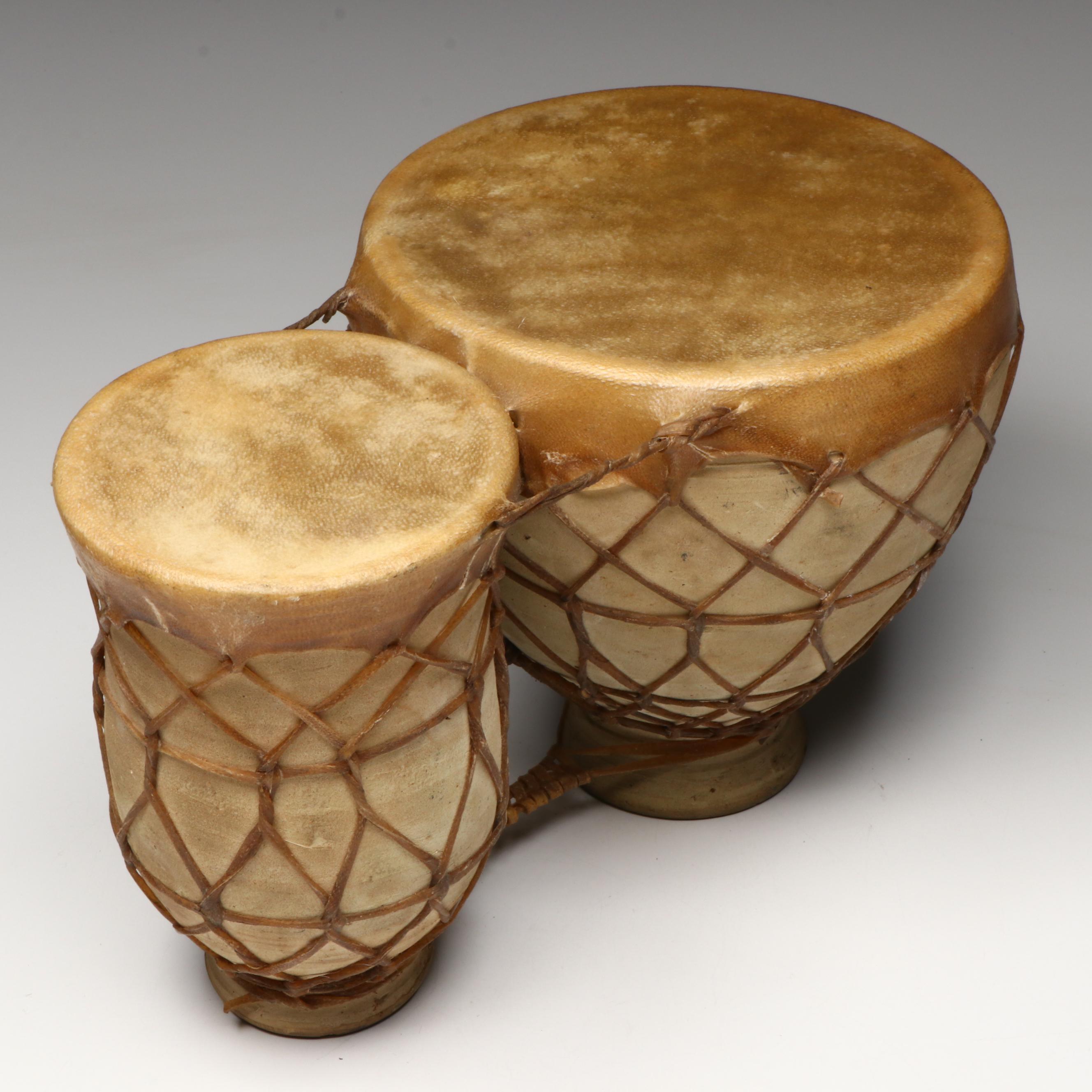 Moroccan Ceramic Tbilat Bongos with Southeast Asian Rebana and Tabla Hide Drums