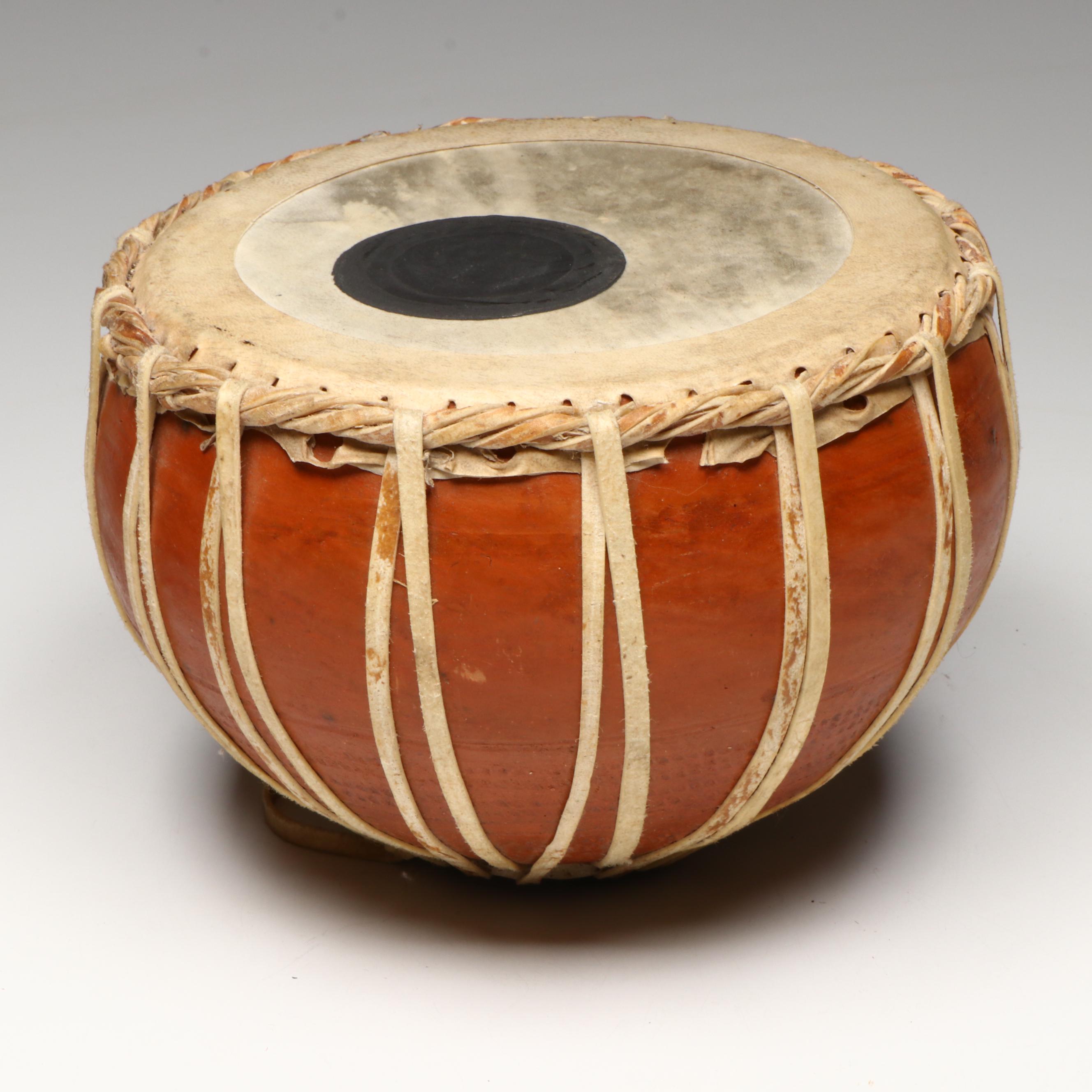 Moroccan Ceramic Tbilat Bongos with Southeast Asian Rebana and Tabla Hide Drums