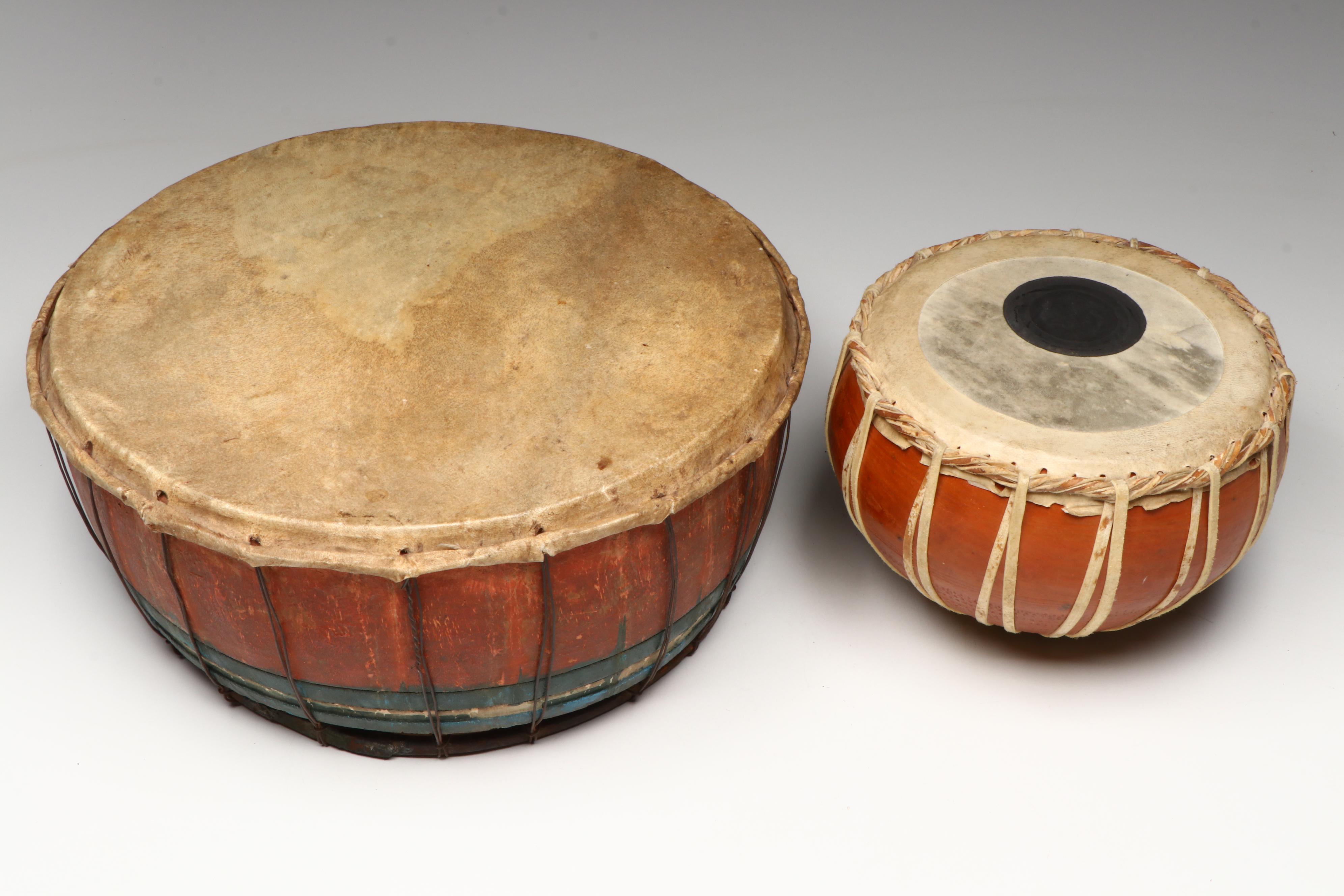 Moroccan Ceramic Tbilat Bongos with Southeast Asian Rebana and Tabla Hide Drums