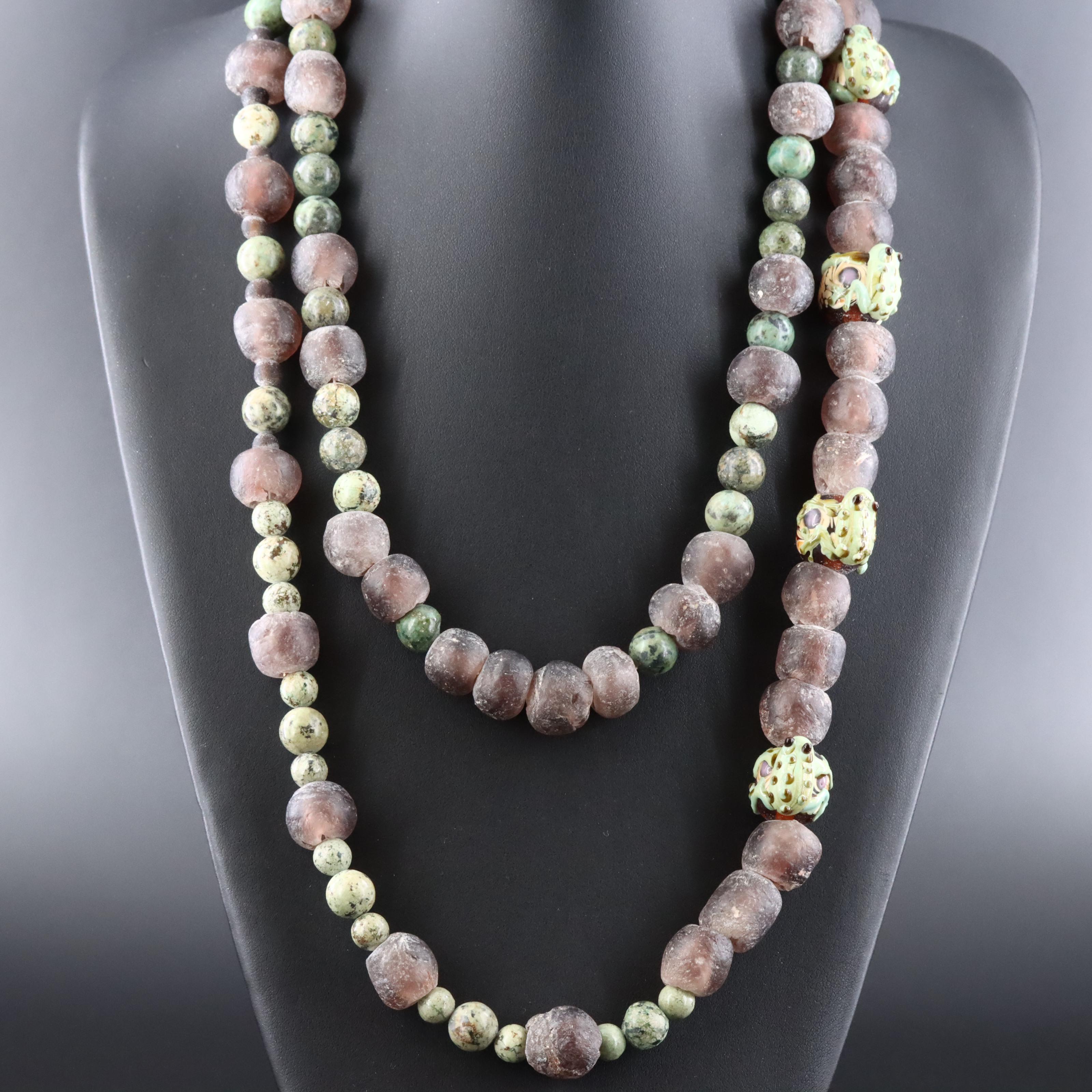 Garnet and Jasper Bead Necklaces Featuring Frog Detail