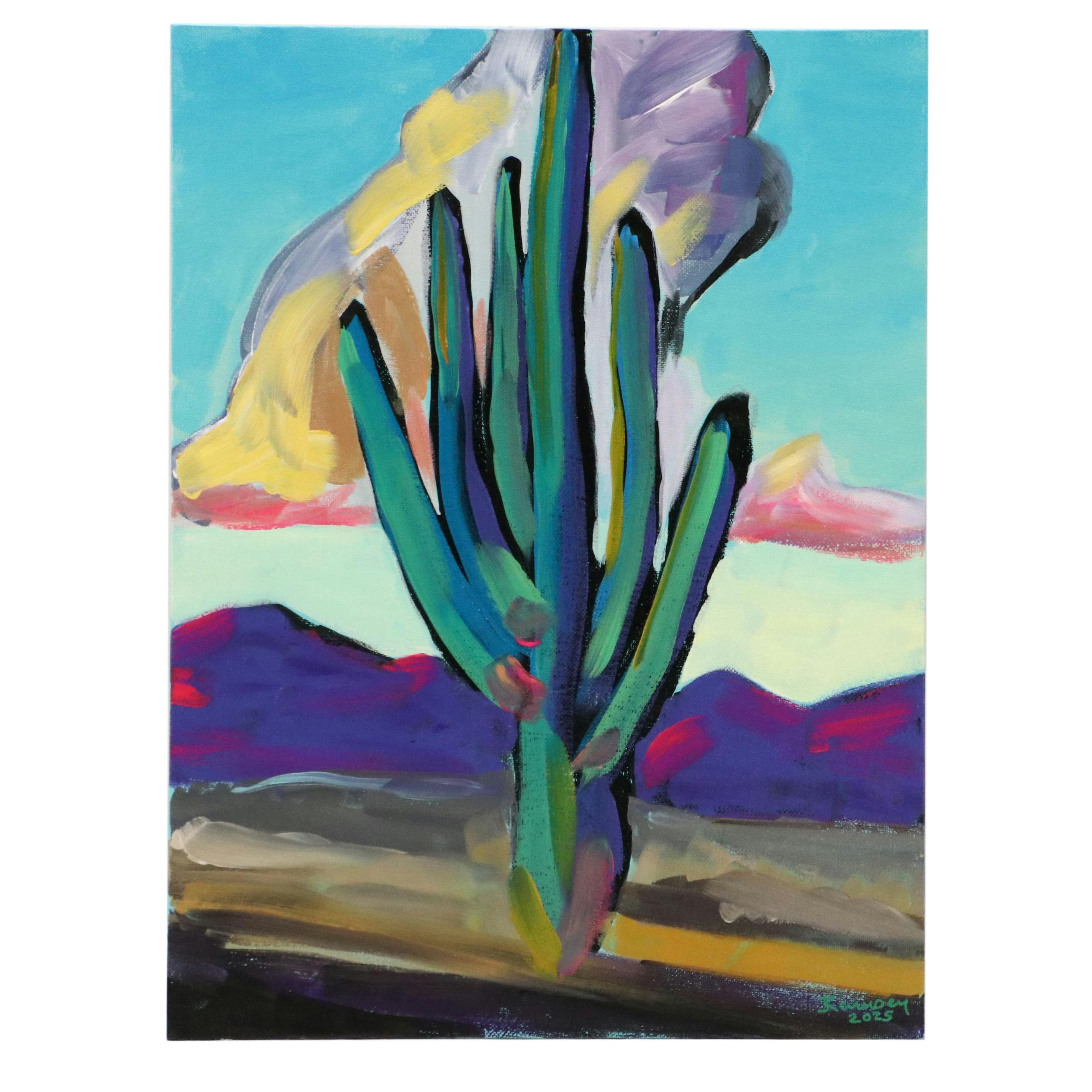 Joshua Ramsey Stylized Southwestern Landscape Acrylic Painting "Saguaro II"