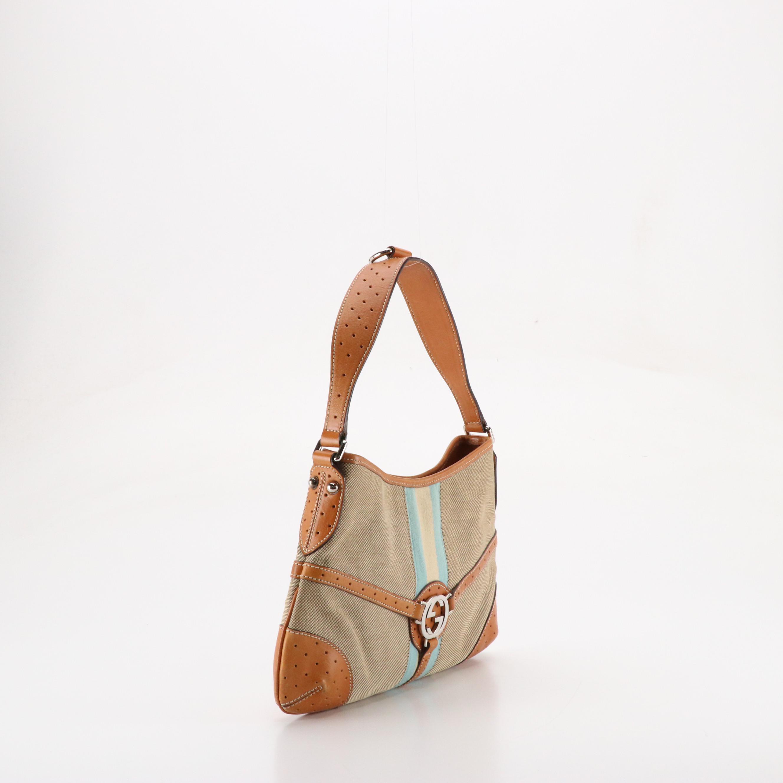 Gucci Reins Hobo Shoulder Bag in Web Striped Canvas and Brown Leather Trim