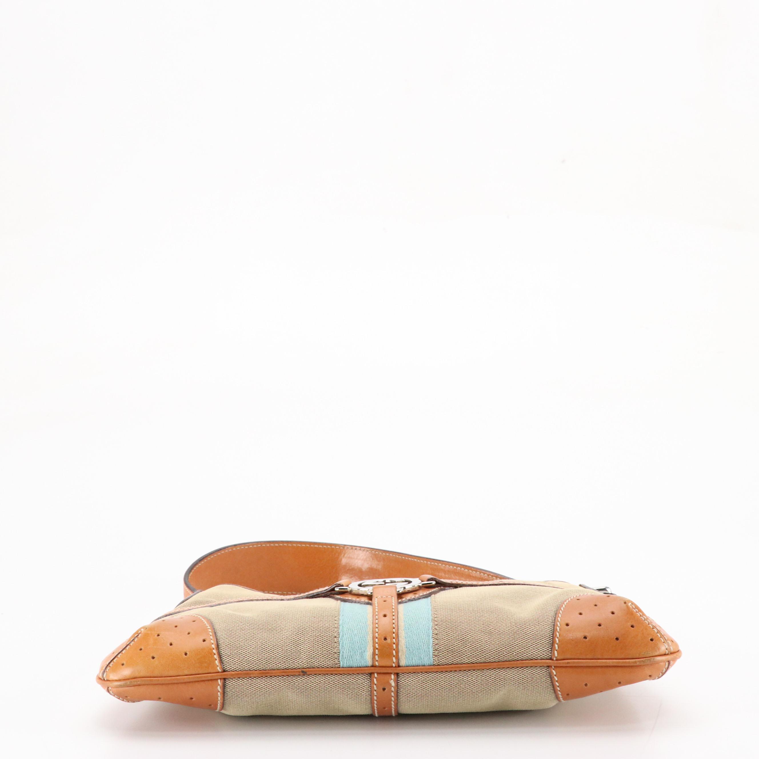 Gucci Reins Hobo Shoulder Bag in Web Striped Canvas and Brown Leather Trim