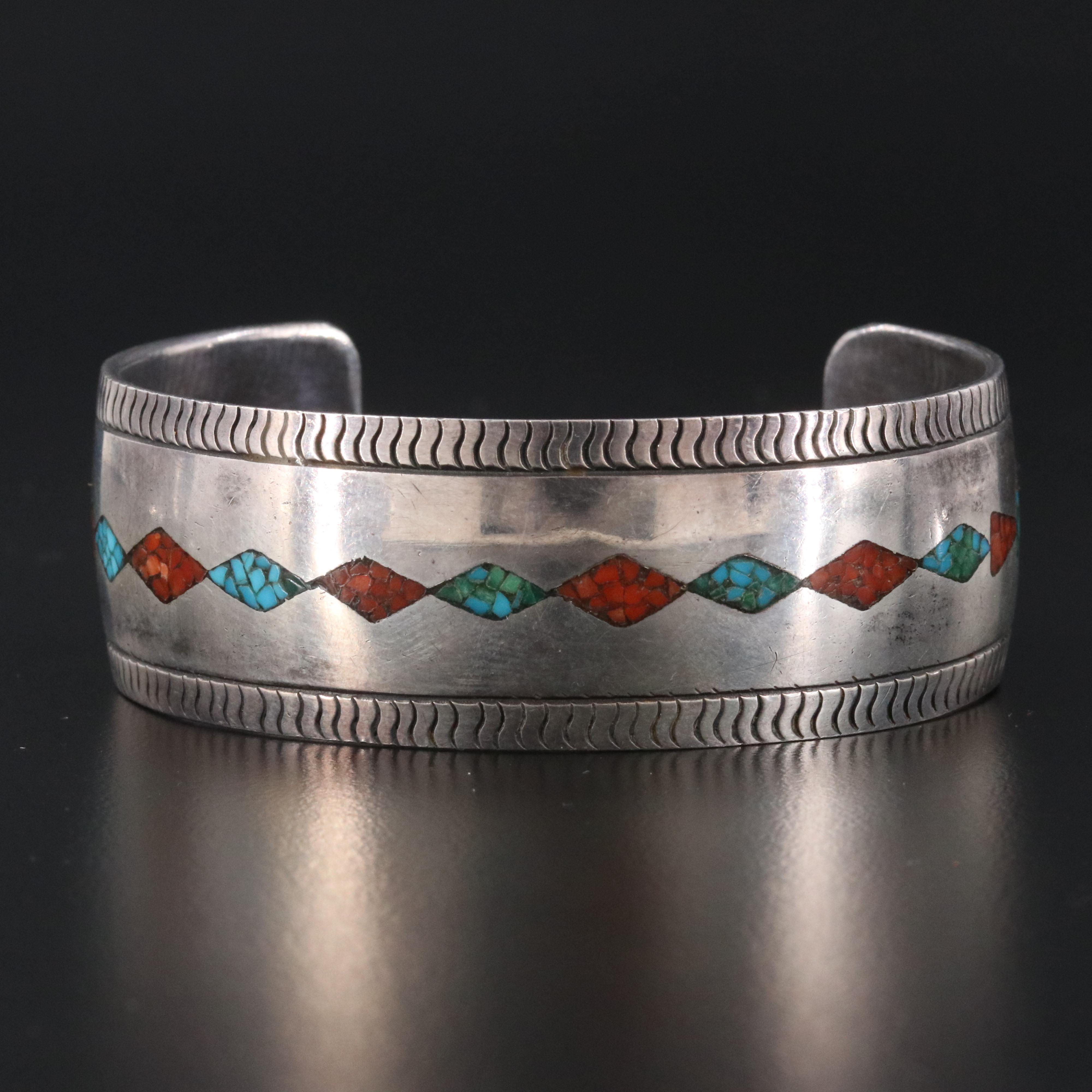 Western Sterling Turquoise and Coral Inlay Cuff