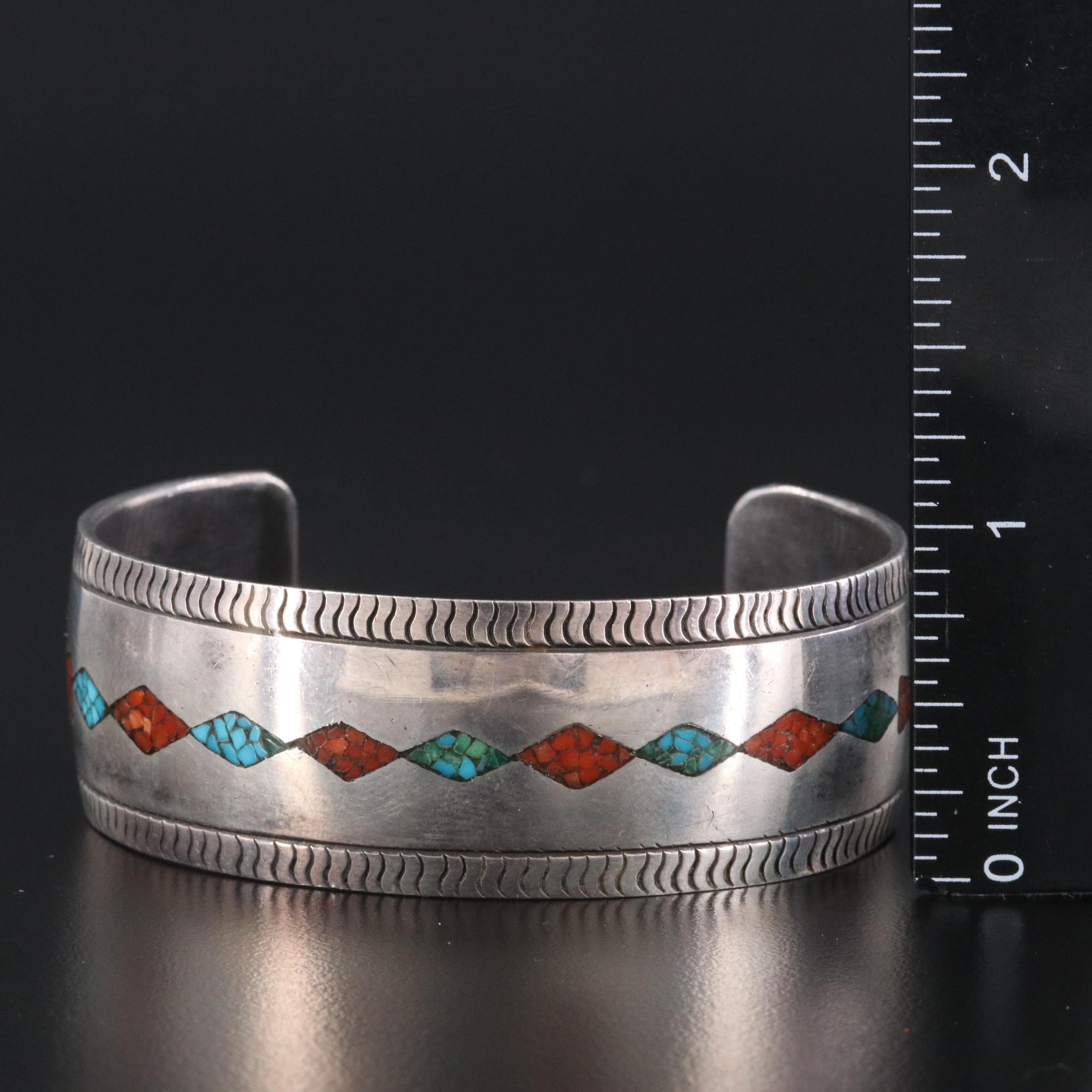 Western Sterling Turquoise and Coral Inlay Cuff