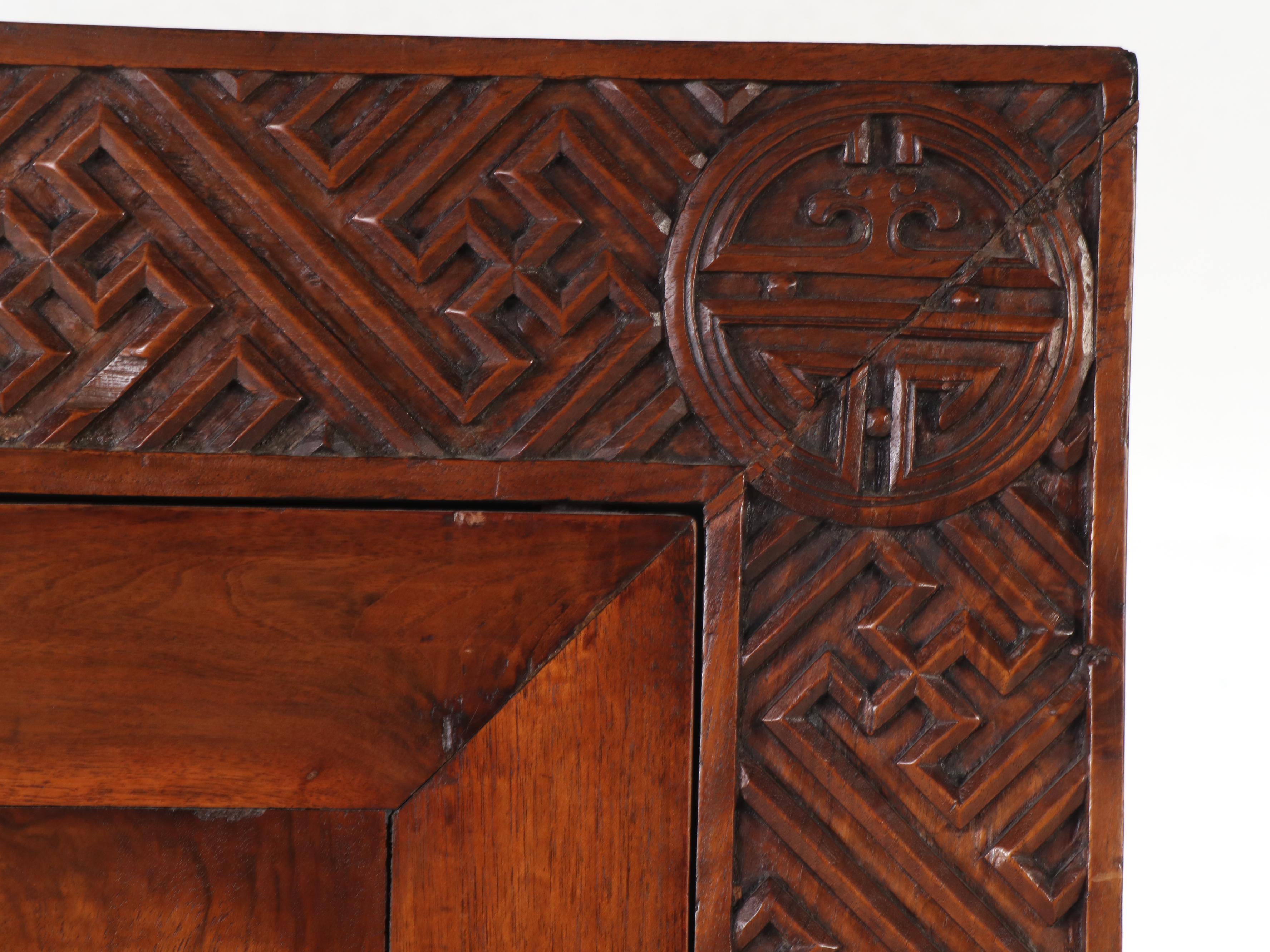 Chinese Carved Elm Wardrobe Cabinet, Late 19th to Early 20th Century