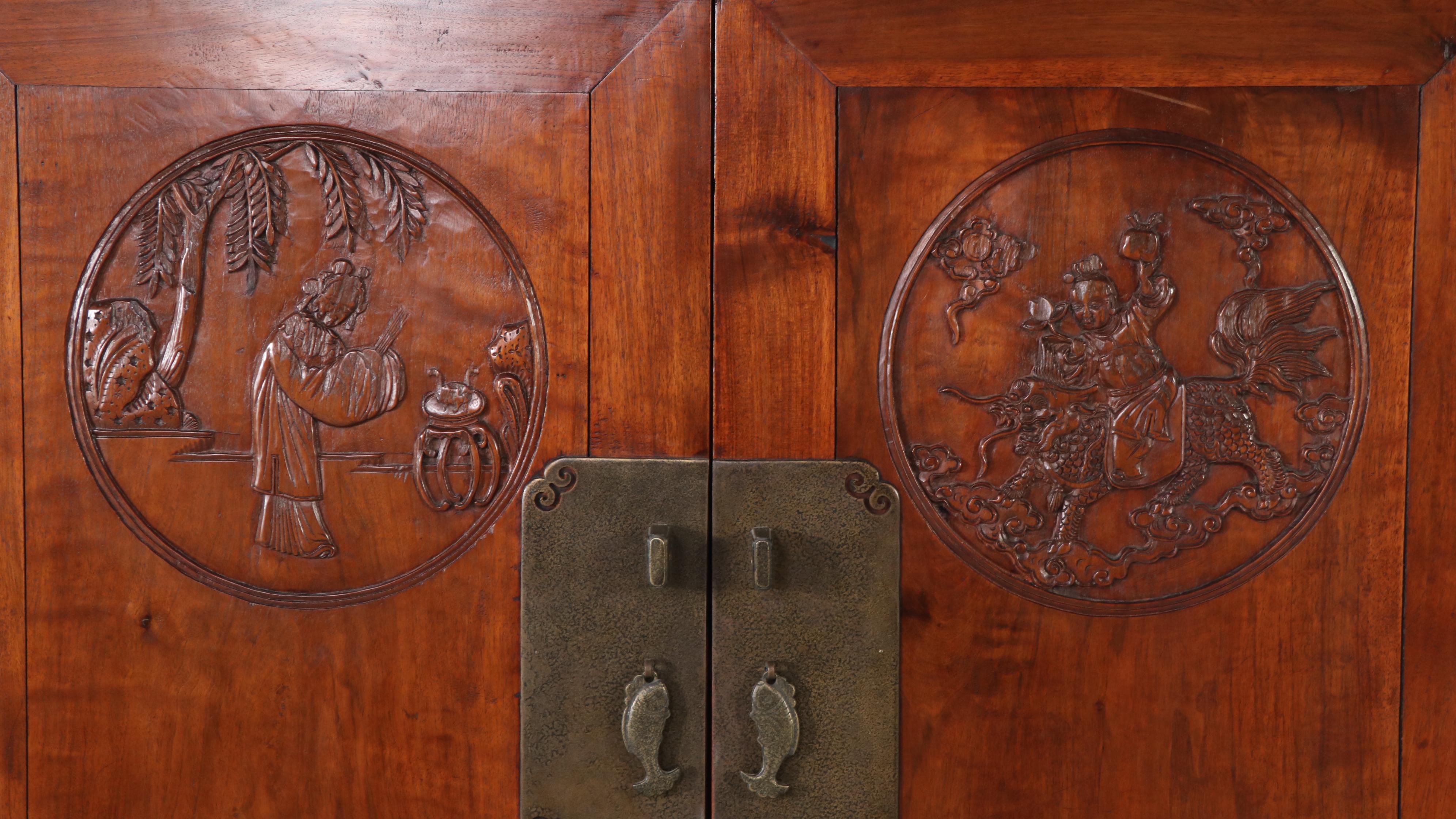 Chinese Carved Elm Wardrobe Cabinet, Late 19th to Early 20th Century