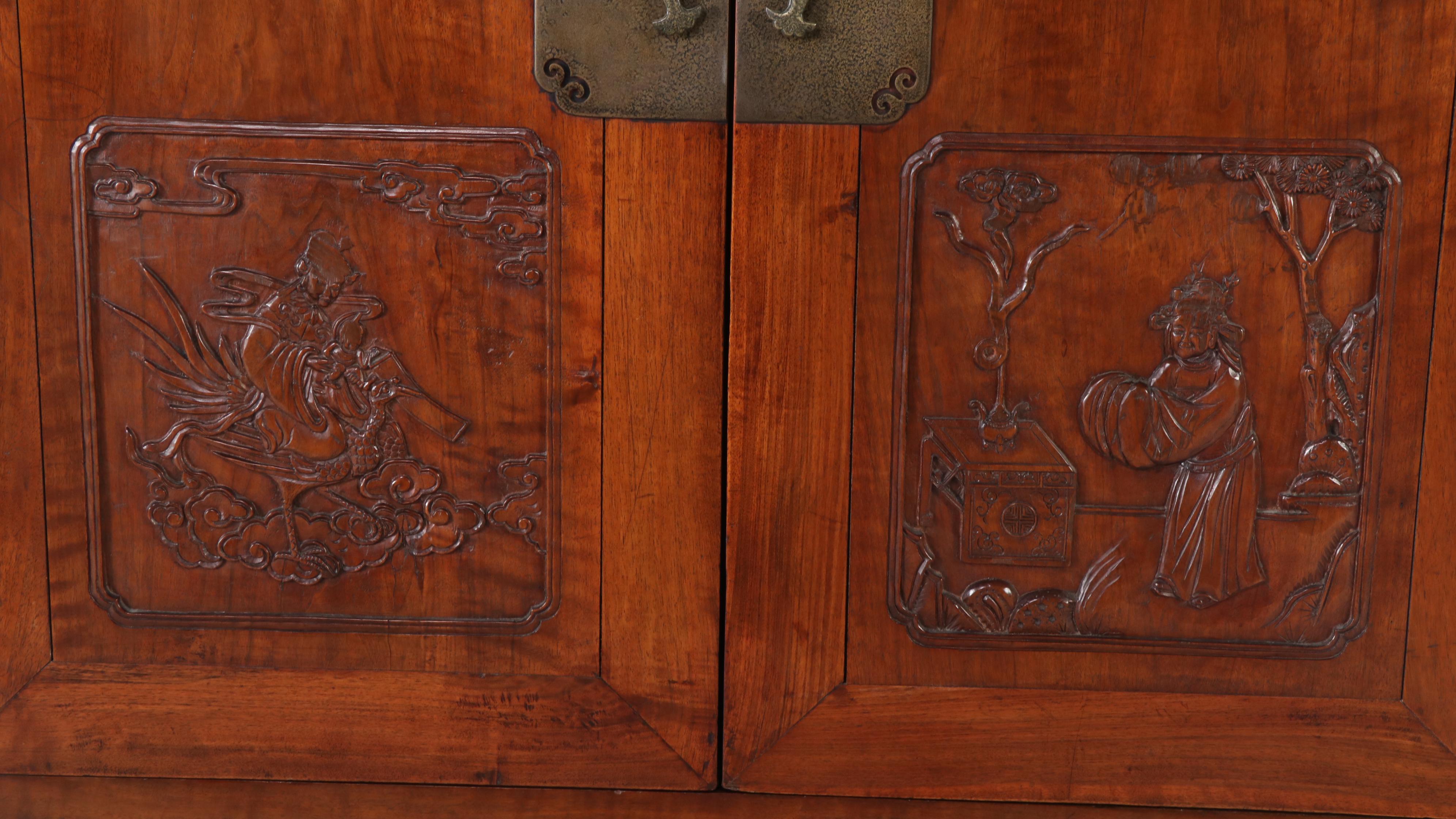 Chinese Carved Elm Wardrobe Cabinet, Late 19th to Early 20th Century