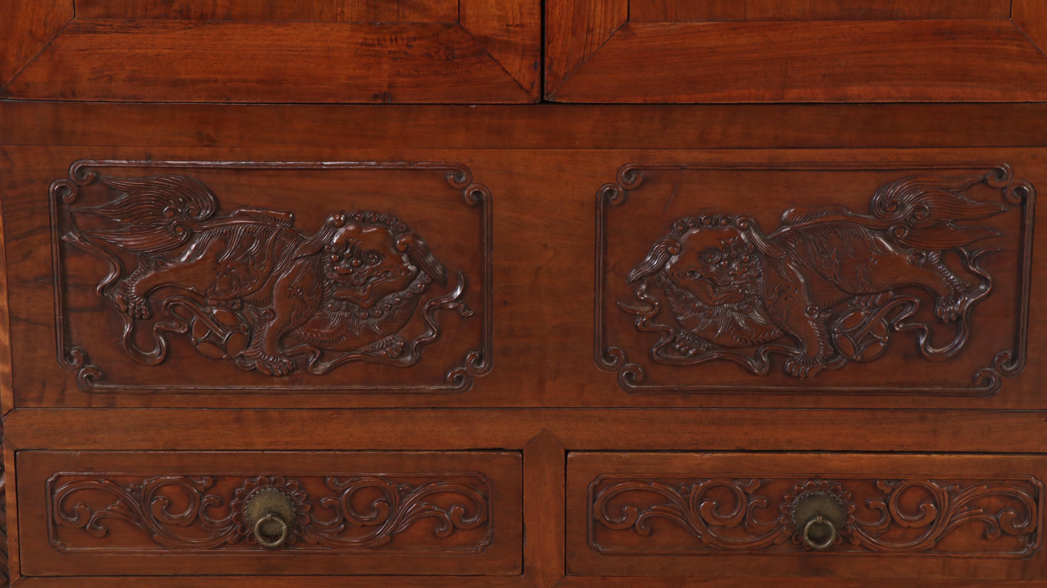 Chinese Carved Elm Wardrobe Cabinet, Late 19th to Early 20th Century