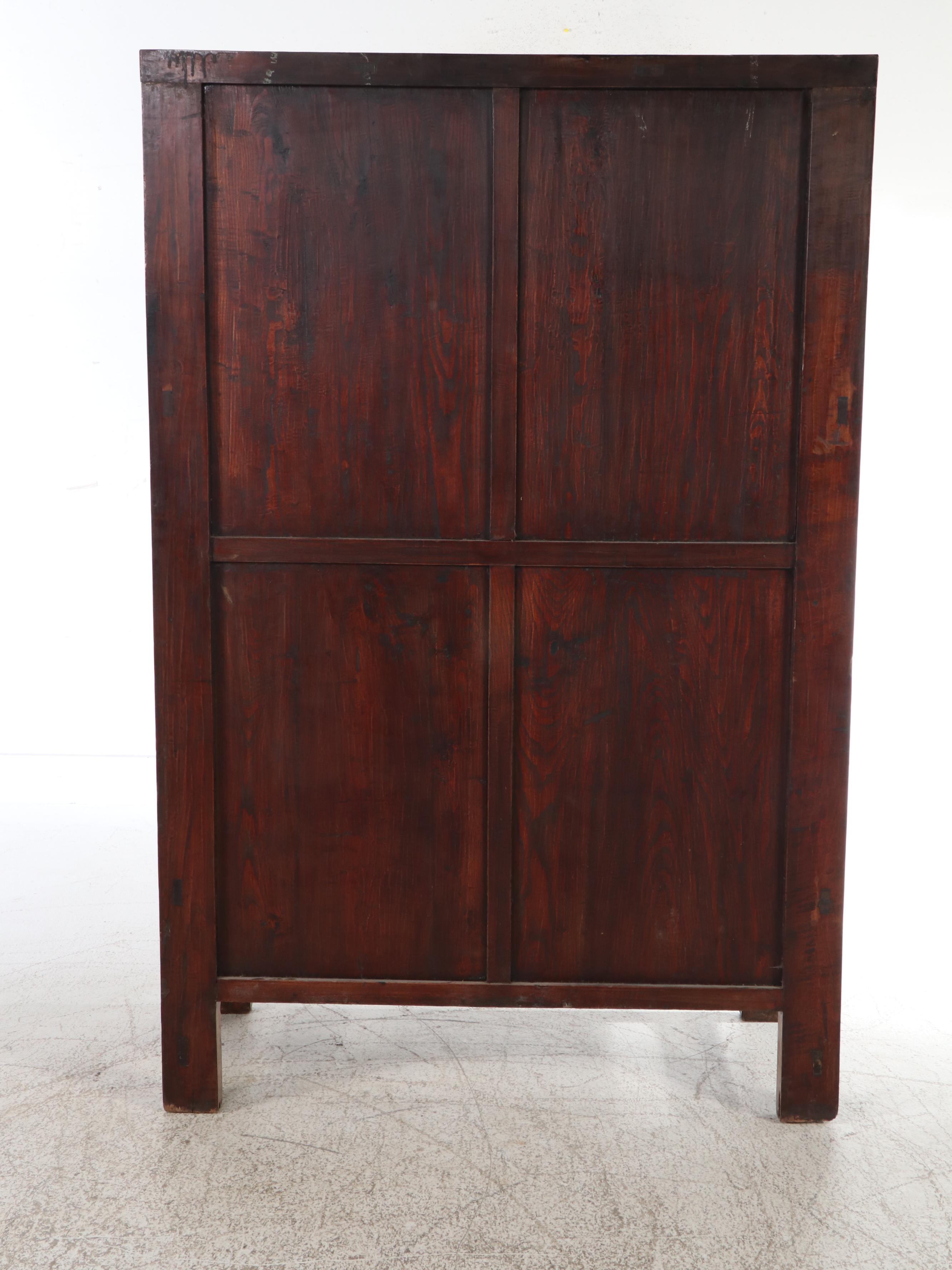 Chinese Carved Elm Wardrobe Cabinet, Late 19th to Early 20th Century