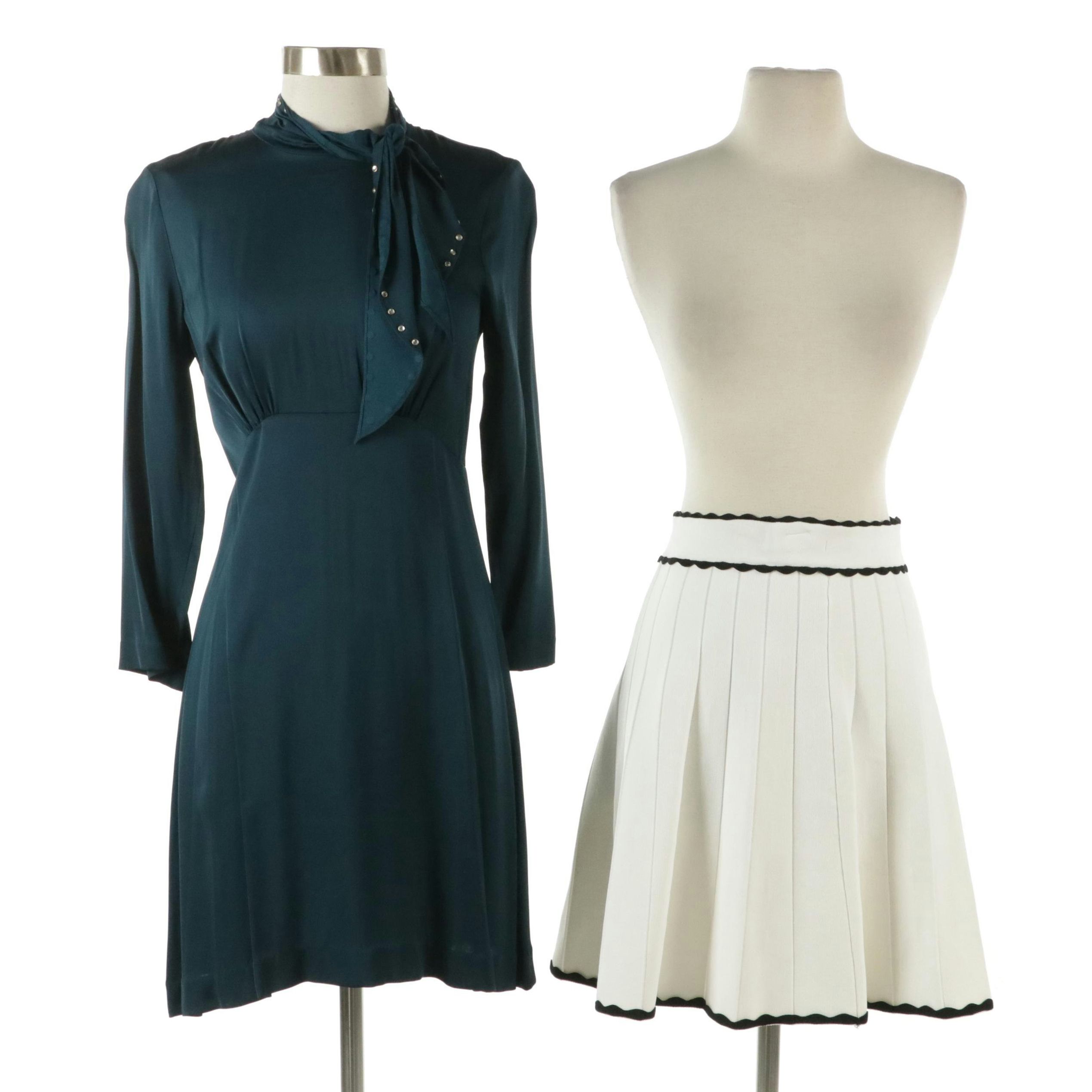 Sandro White Pleated Knit Viscose Skirt and Deep Teal Tie-Neck Mini Dress