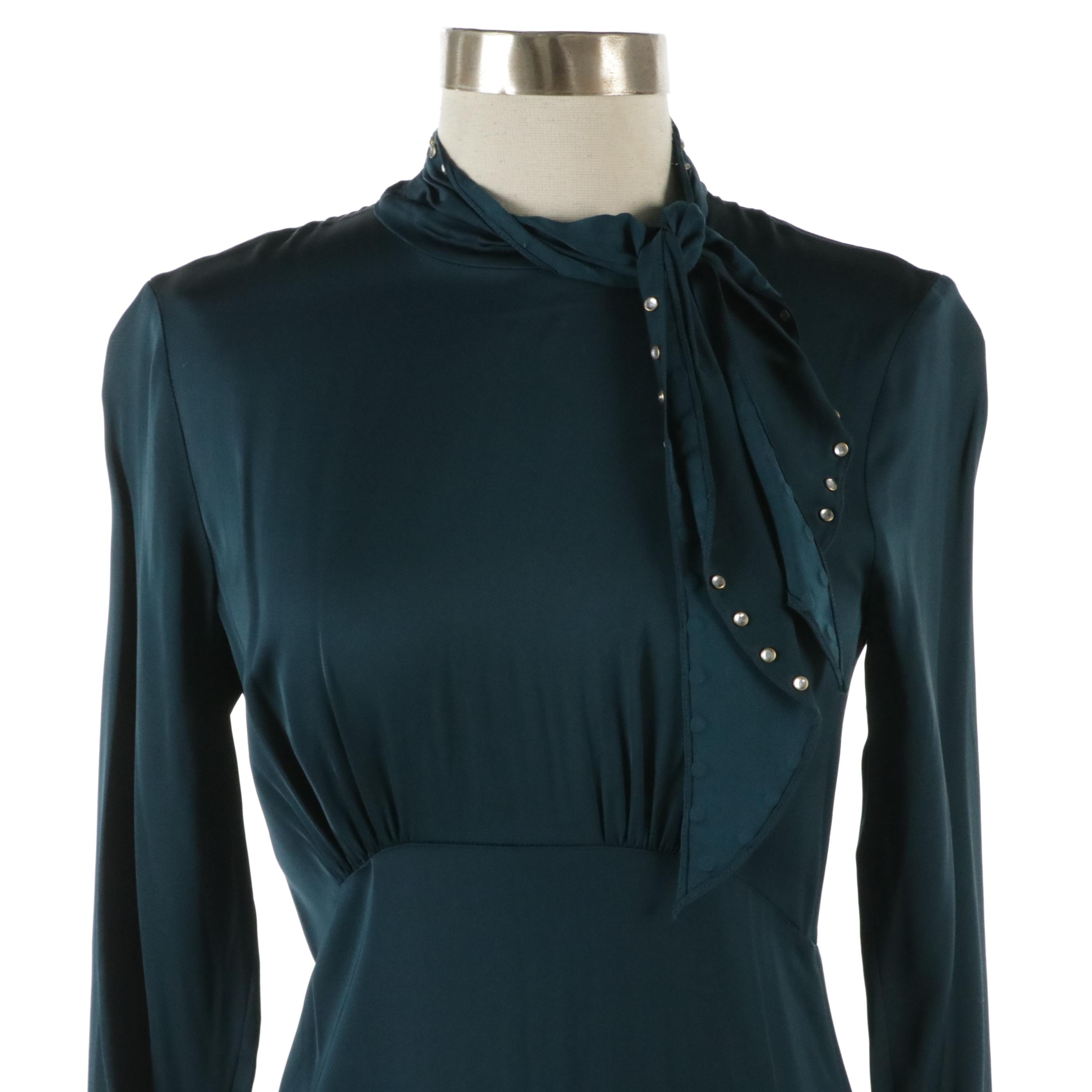 Sandro White Pleated Knit Viscose Skirt and Deep Teal Tie-Neck Mini Dress