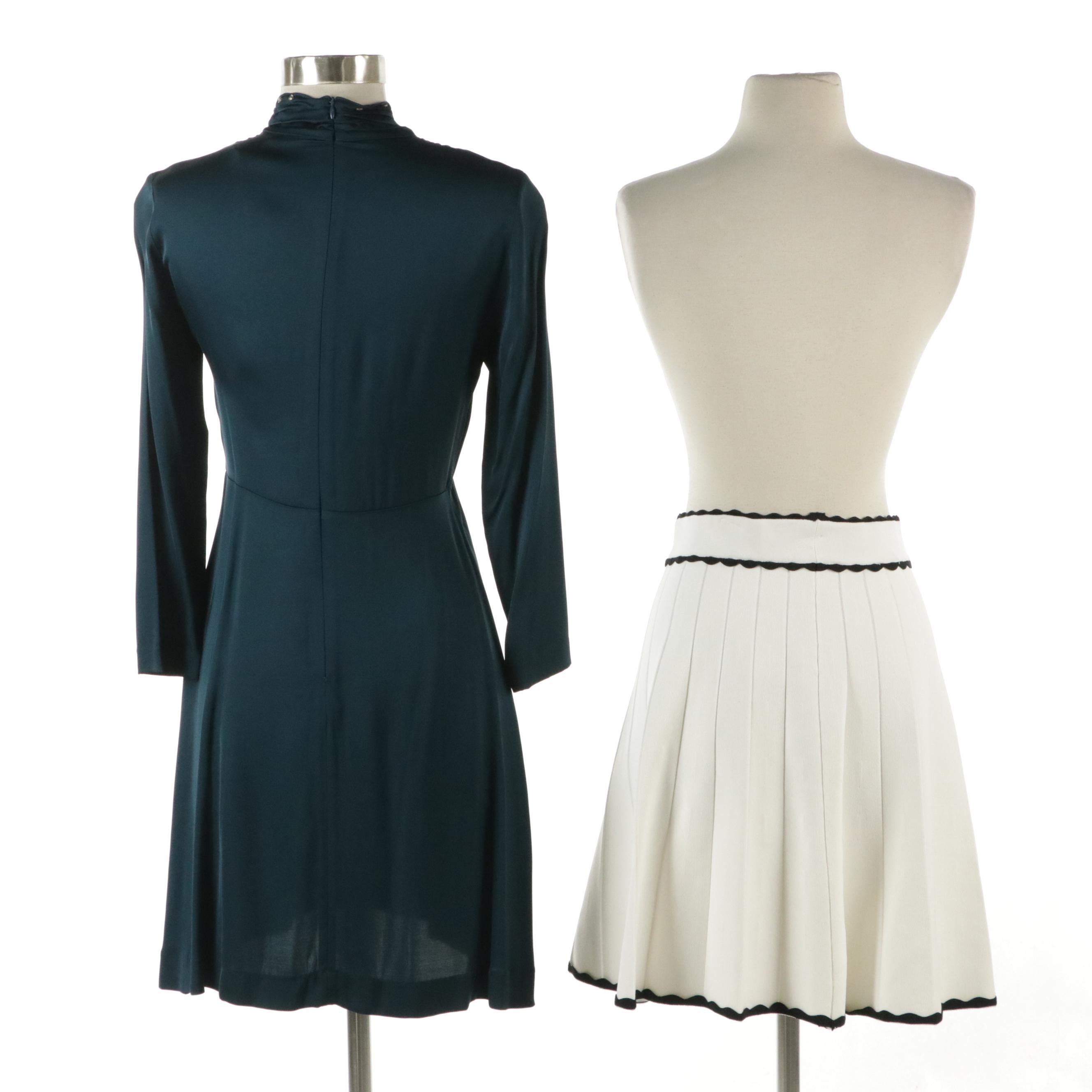 Sandro White Pleated Knit Viscose Skirt and Deep Teal Tie-Neck Mini Dress