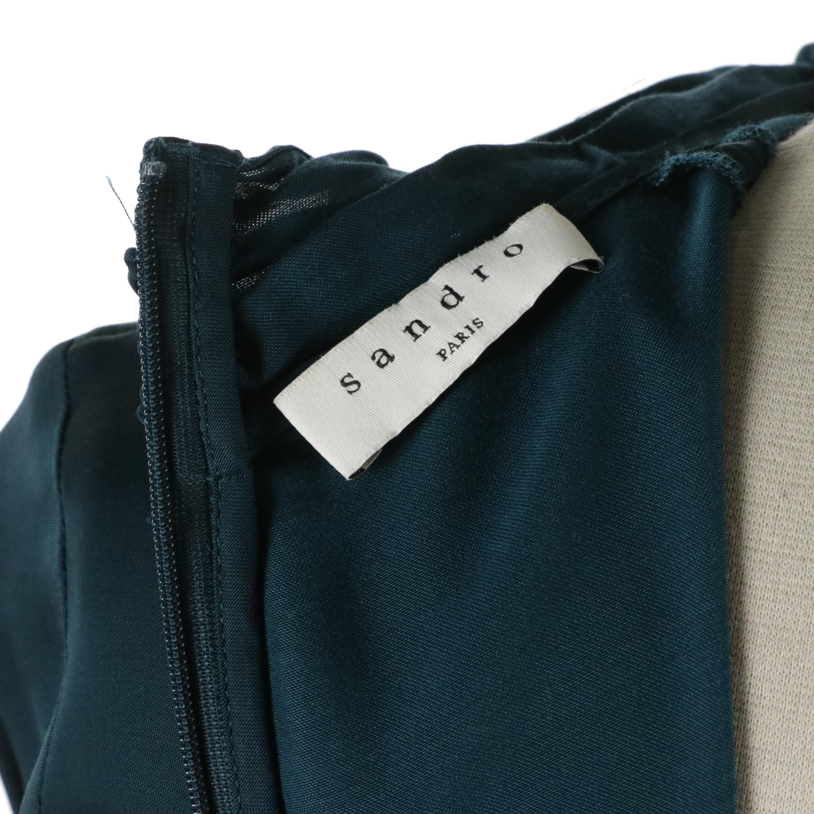 Sandro White Pleated Knit Viscose Skirt and Deep Teal Tie-Neck Mini Dress