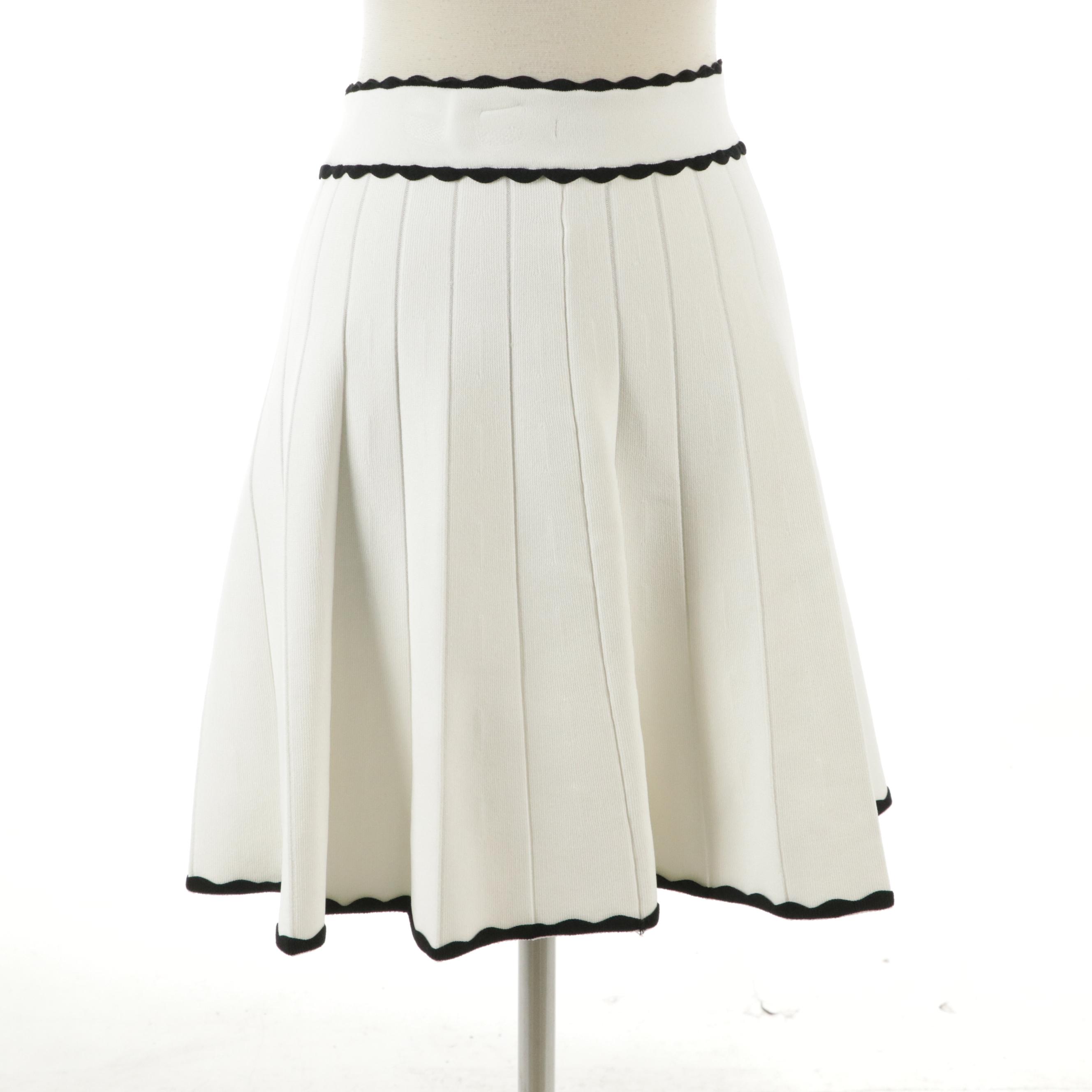 Sandro White Pleated Knit Viscose Skirt and Deep Teal Tie-Neck Mini Dress