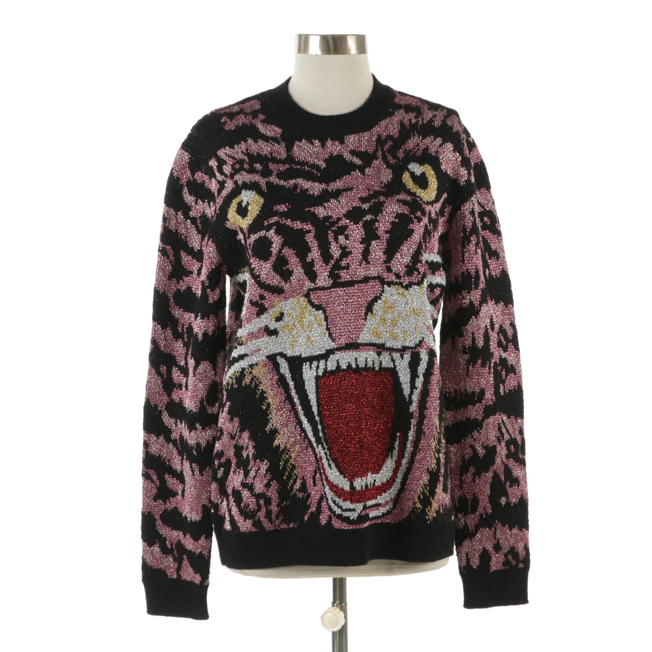 Gucci Oversized Metallic Pink & Black Intarsia Knit Tiger Sweater