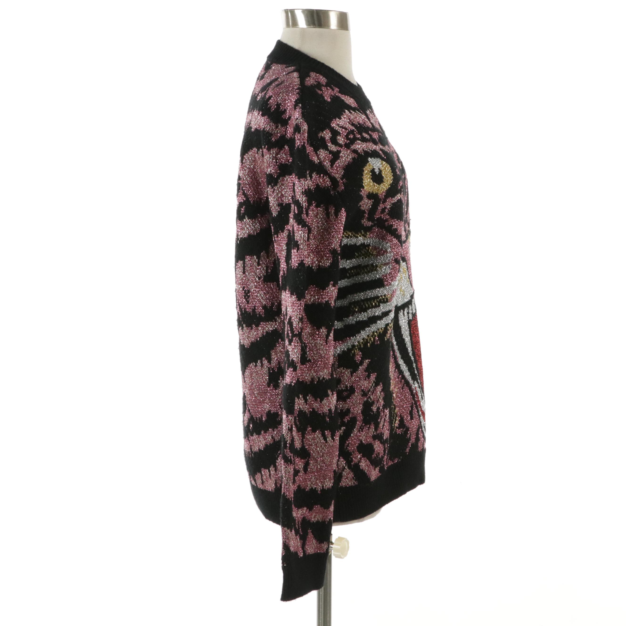 Gucci Oversized Metallic Pink & Black Intarsia Knit Tiger Sweater