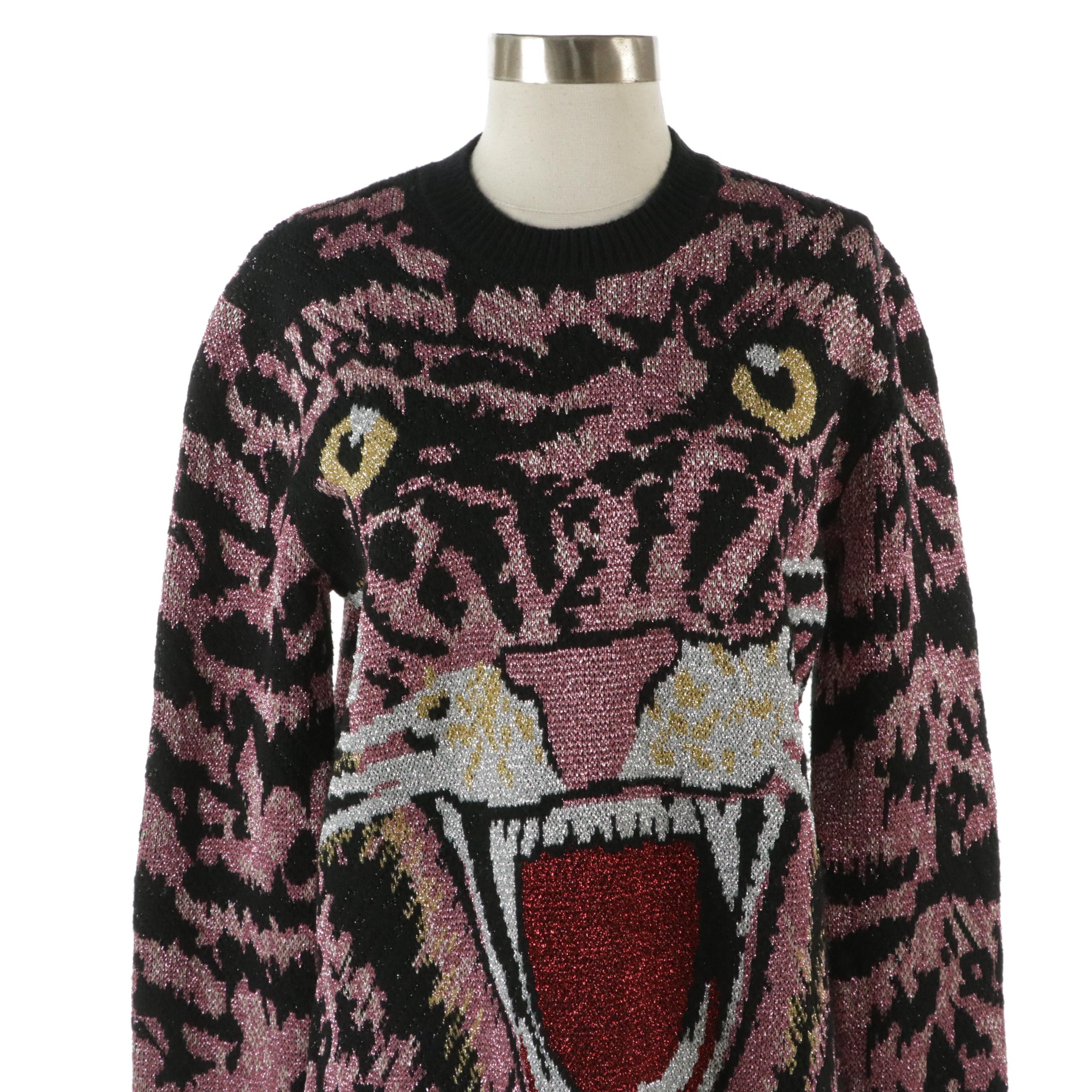 Gucci Oversized Metallic Pink & Black Intarsia Knit Tiger Sweater