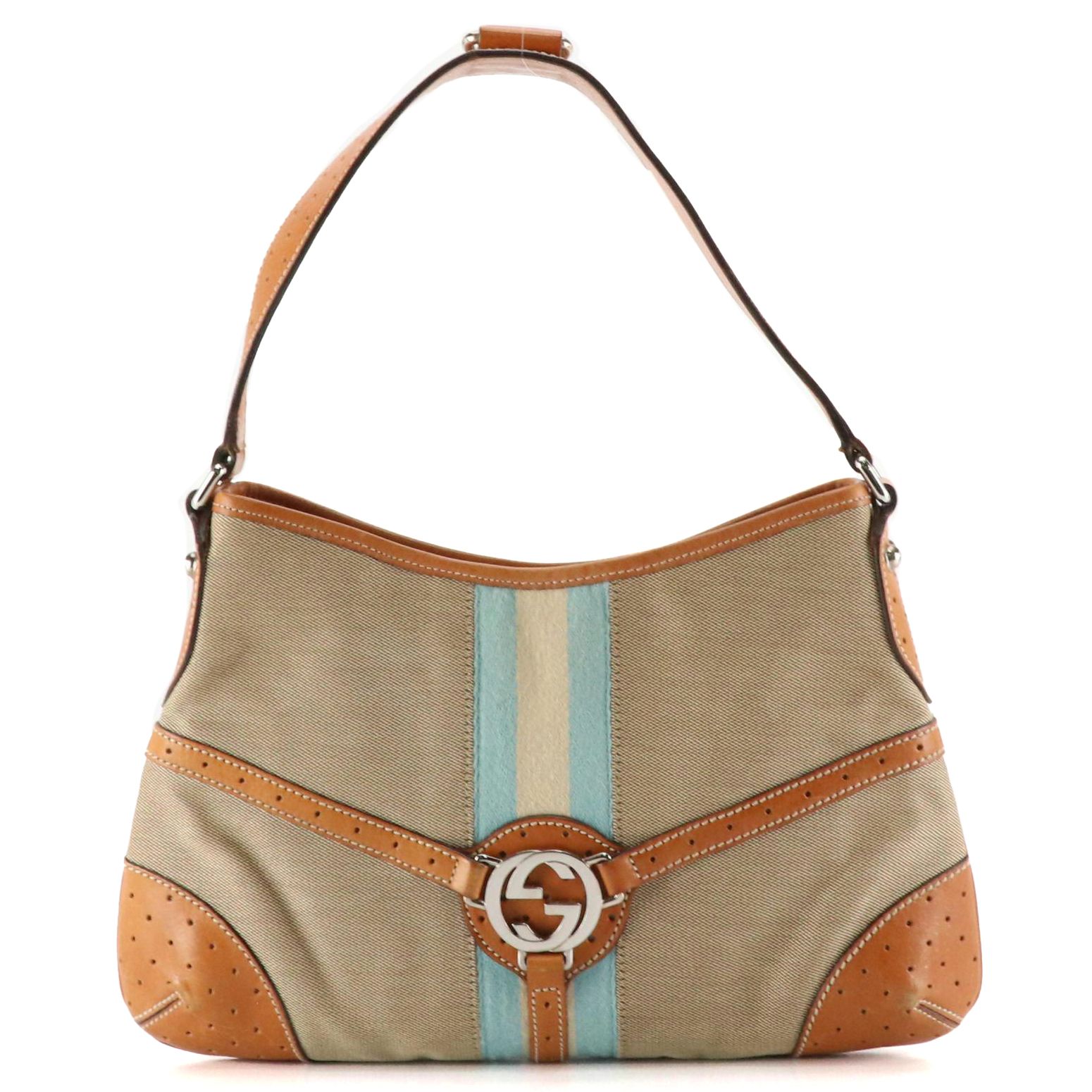 Gucci Reins Hobo Shoulder Bag in Web Striped Canvas and Brown Leather Trim