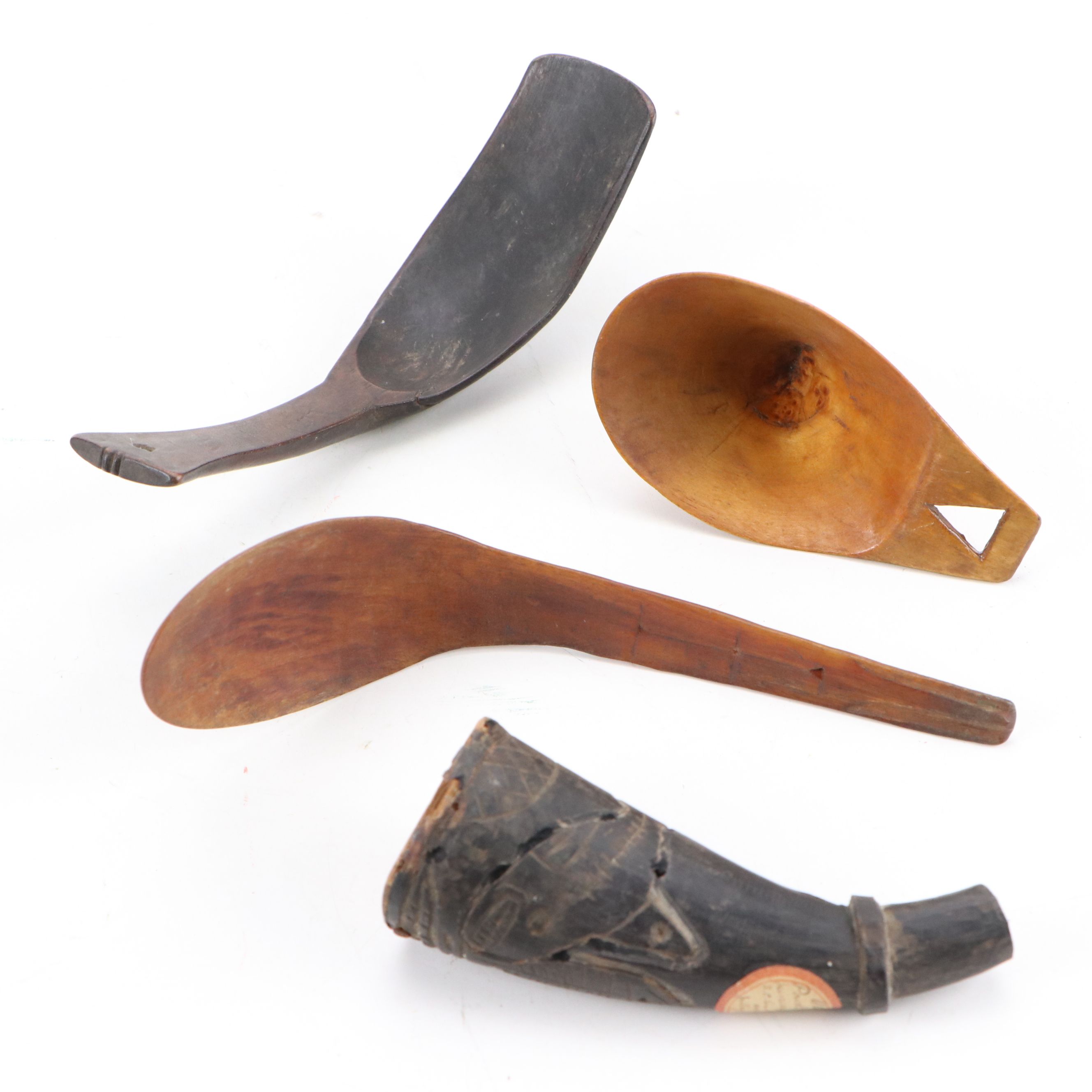 Alaskan Inuit Hand-Carved Powder Horn and Wood Spoons, Late 19th Century