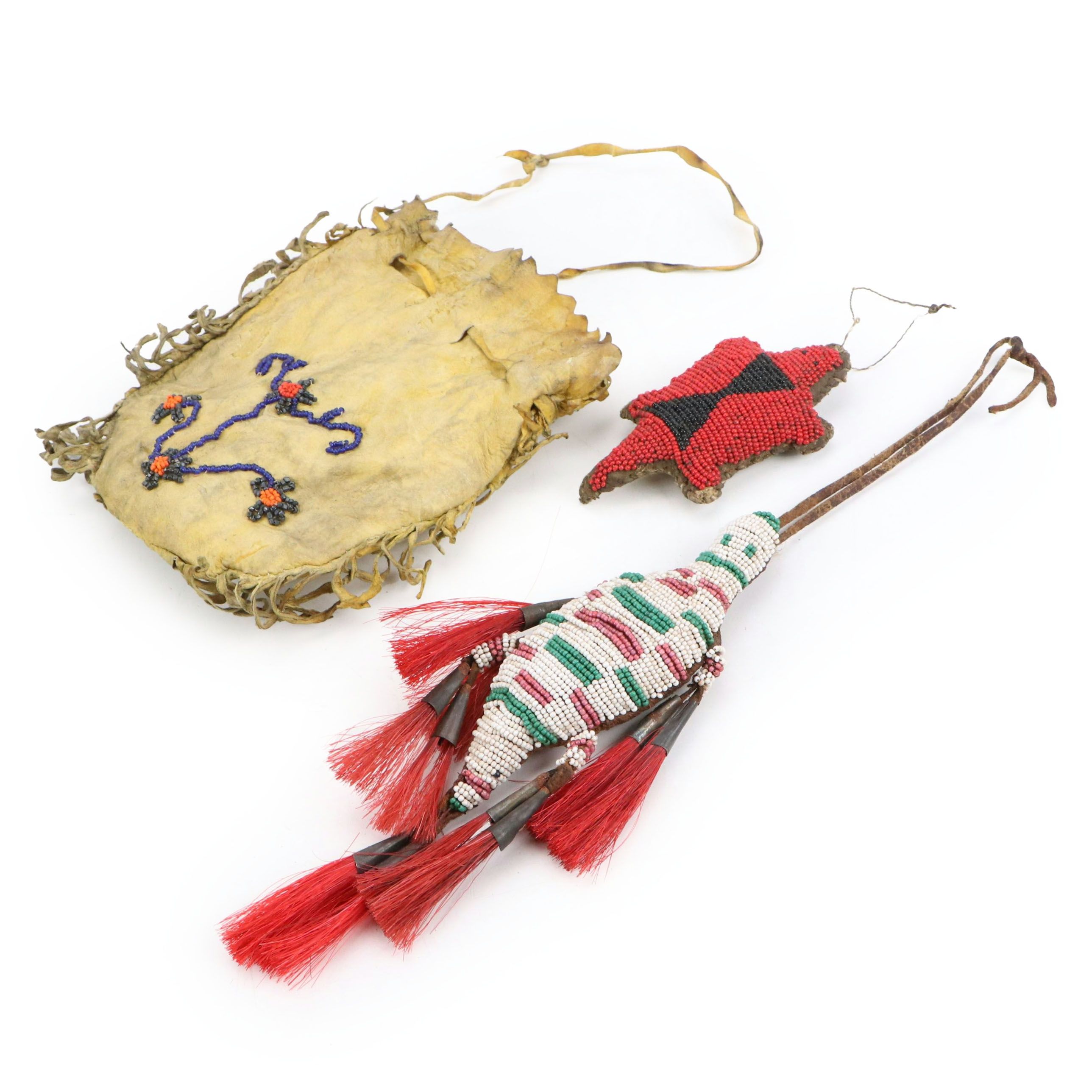 Two Plains Style Beaded "Fetishes" with Indigenous Woodlands Beaded Hide Pouch
